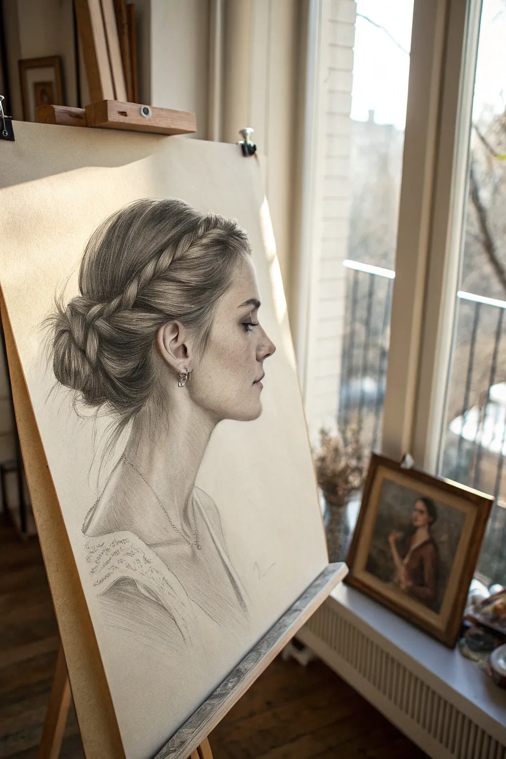 Curved highlight band and deep core shadows make this hairstyle sketch feel dimensional and sleek.