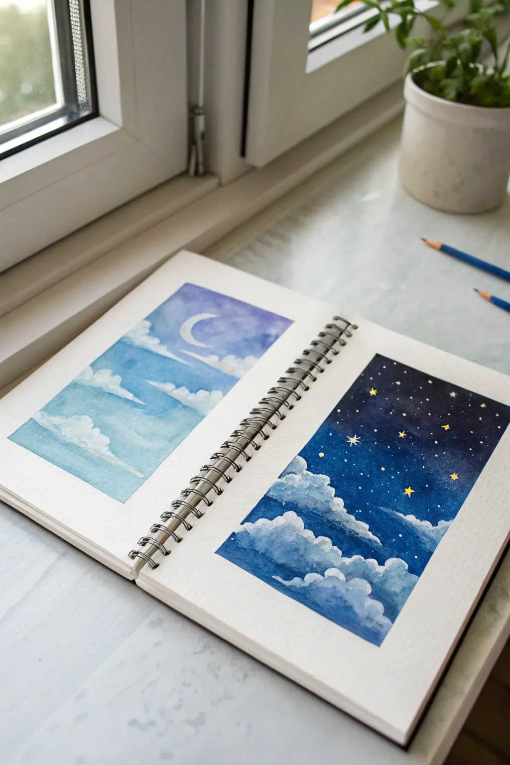 Half-and-half sky painting with a wavy border, blending soft day clouds into starry night.