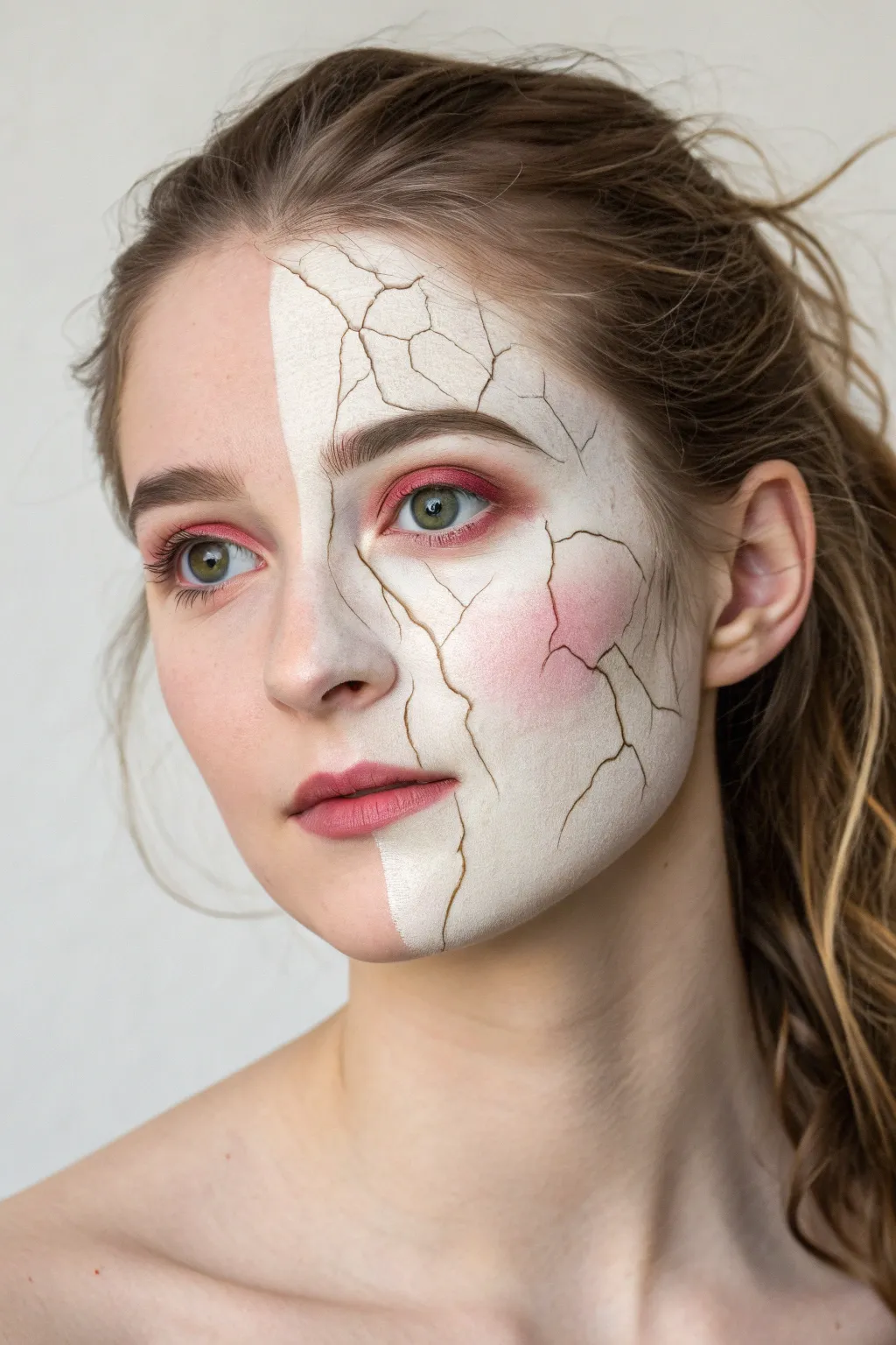 Half cracked porcelain doll face paint with delicate crackle lines and rosy blush on a minimal backdrop.