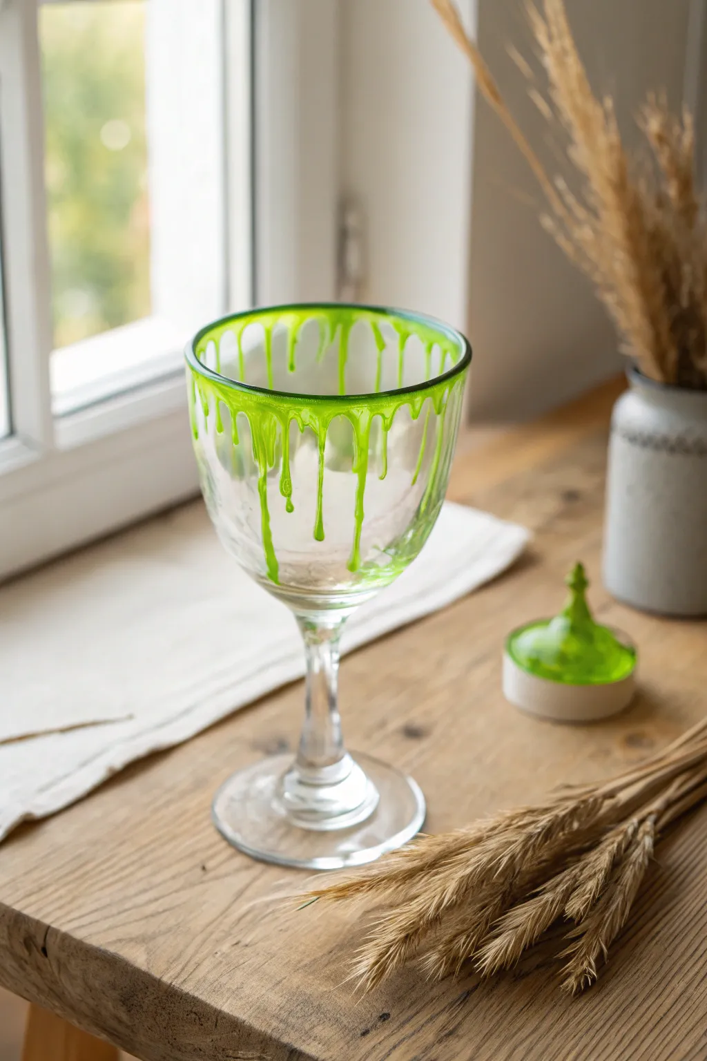 Neon green slime drips transform a simple goblet into a chic Halloween glass painting centerpiece.