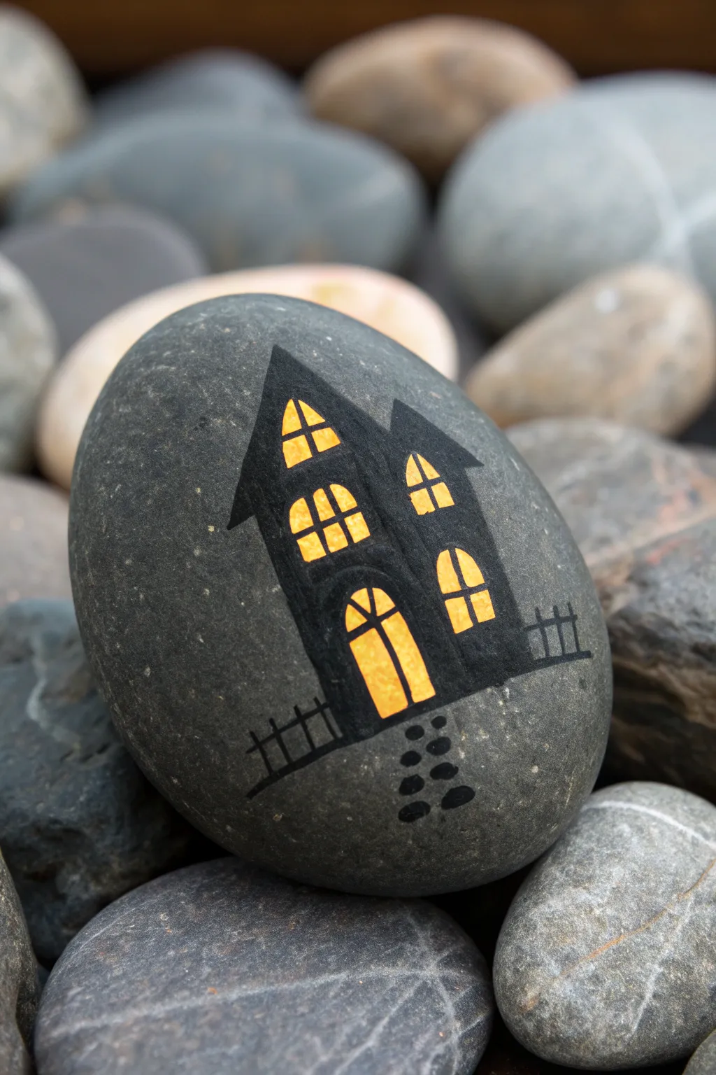 Moody painted rock with a haunted house silhouette and warm glowing windows for Halloween