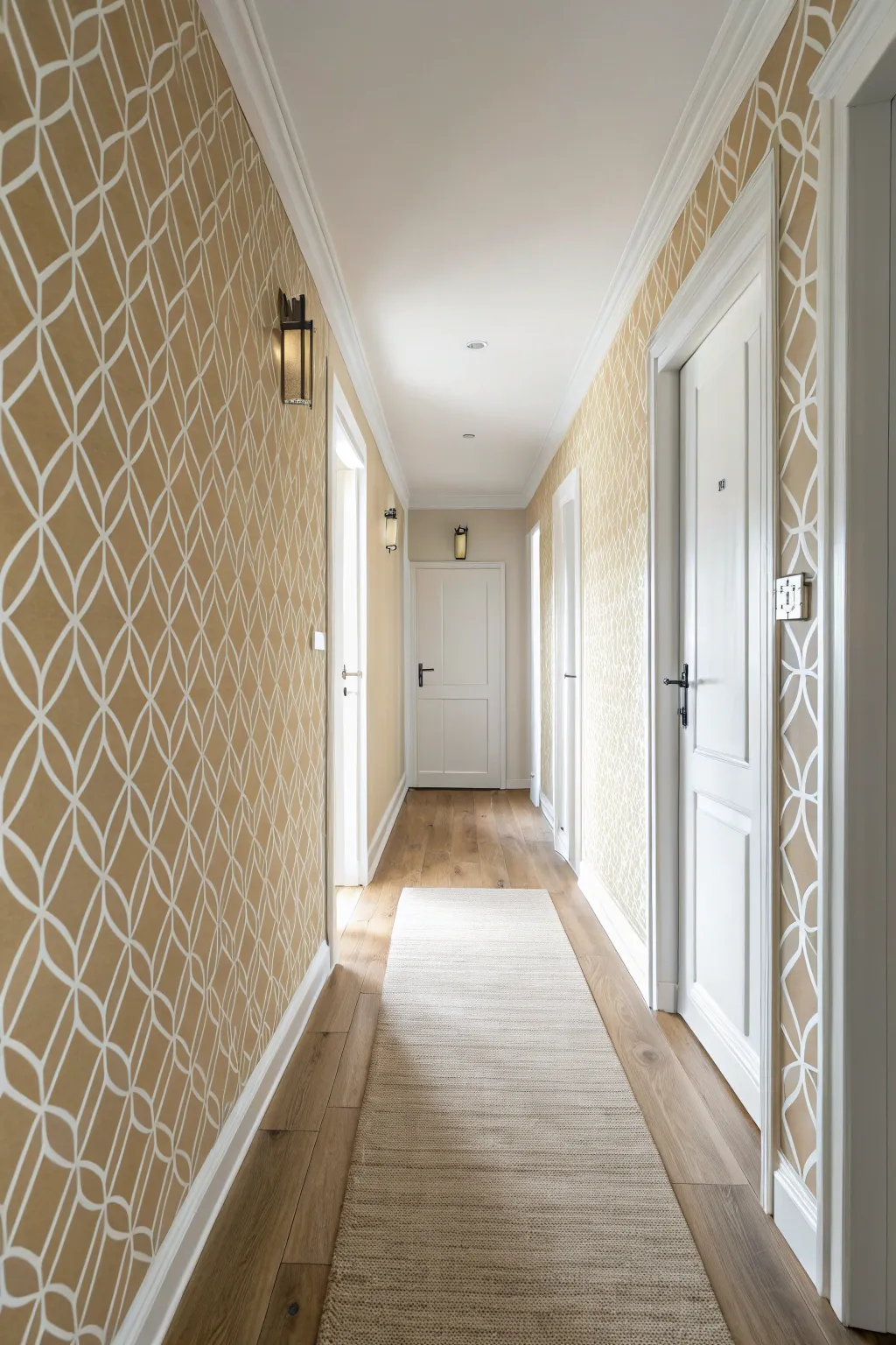 Subtle patterned wallpaper adds depth to a minimalist hallway without crowding a narrow space