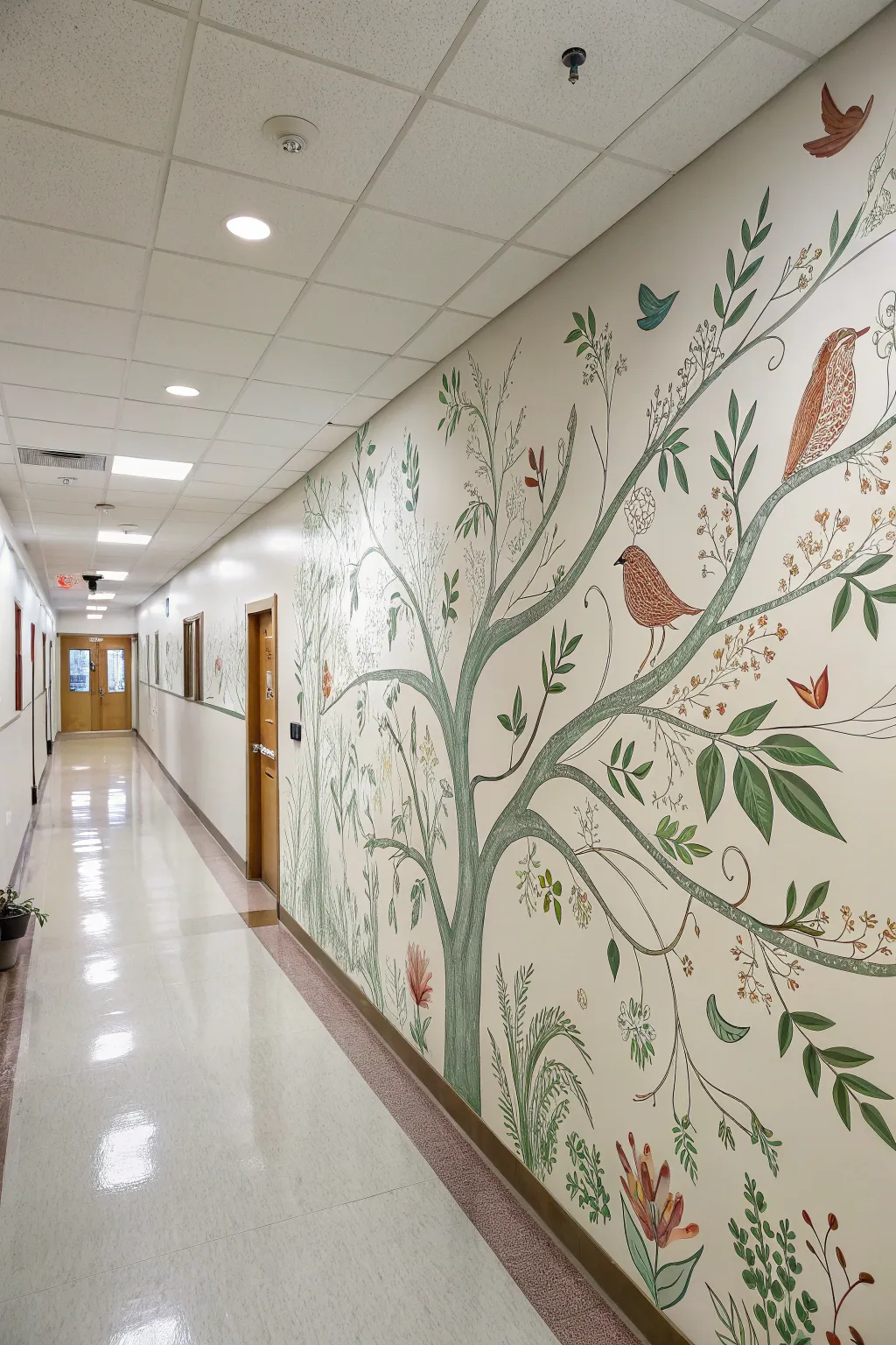 Whimsical nature trail mural for a hallway, hand-painted birds and branches in soft boho tones.