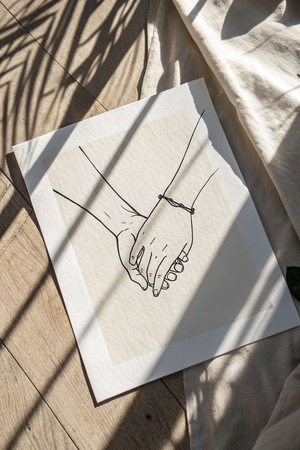 Minimal graphite study of interlaced hands, crisp shadows and calm Scandinavian-boho warmth.