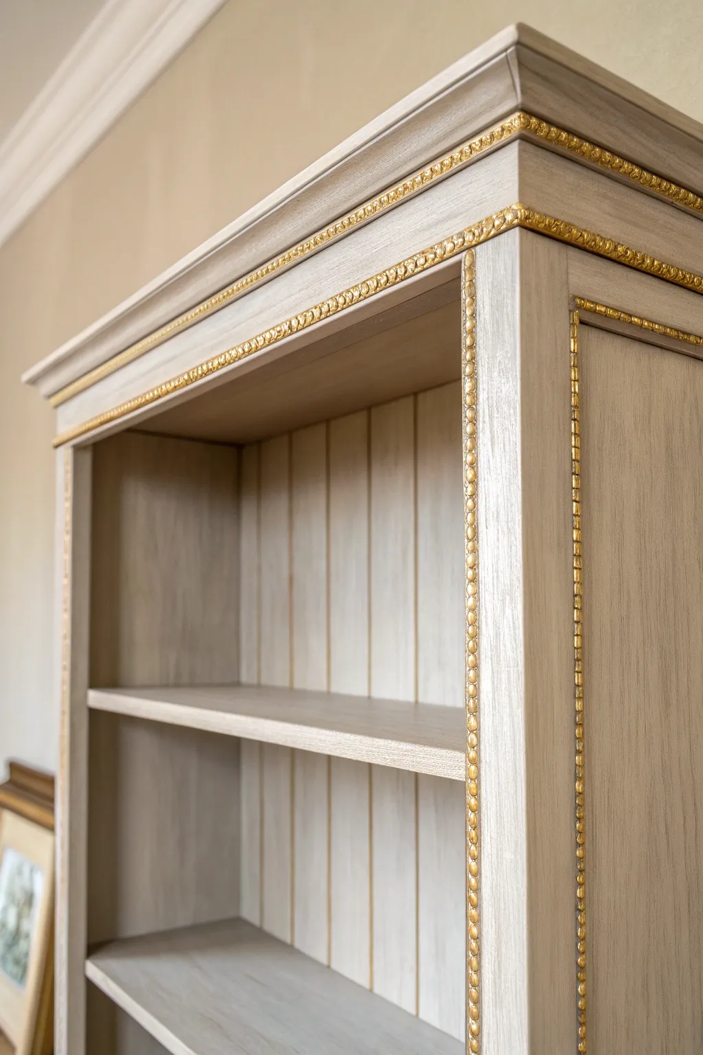 Subtle brushed-gold trim accents that elevate a matte-painted bookcase with modern warmth.