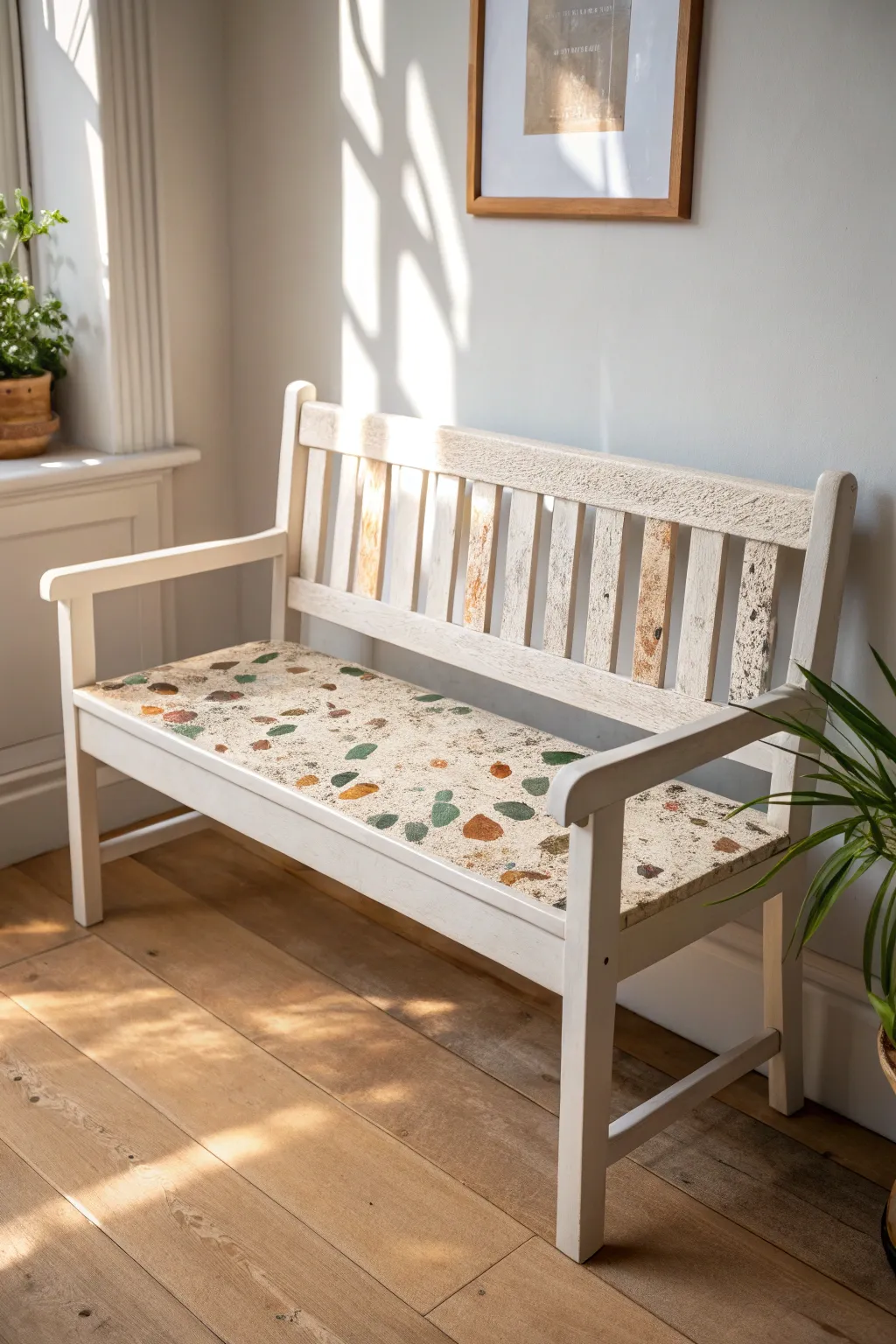 Terrazzo speckle painted bench with modern color chips, bright Scandinavian minimal backdrop
