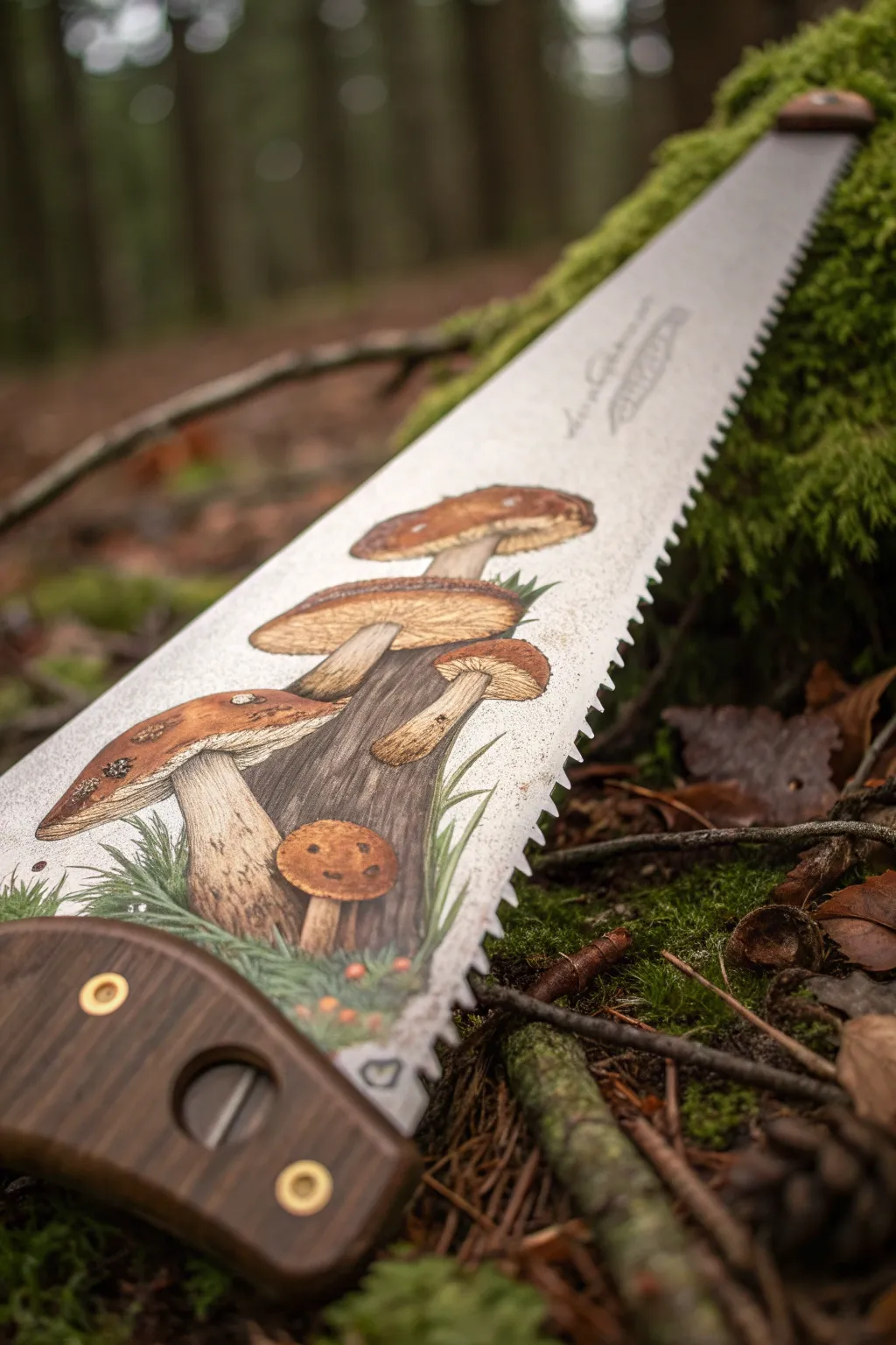 Hand saw blade with storybook mushrooms fading into tiny forest plants toward the tip
