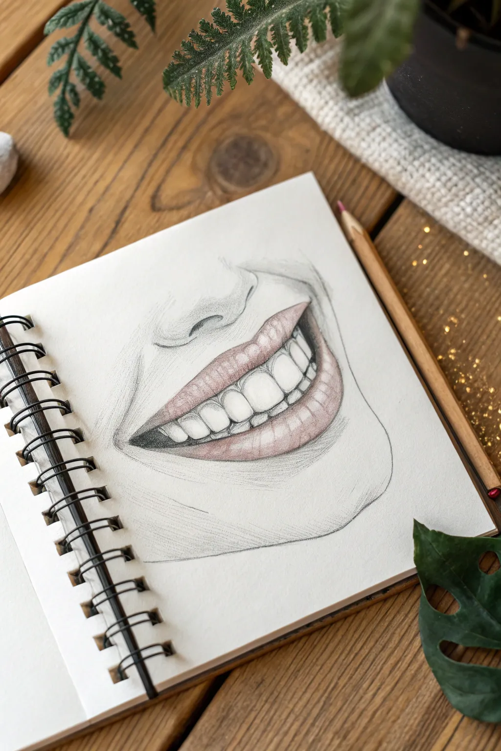 Laughing mouth close-up with soft shading and tiny sparkles for joyful happiness drawing ideas.