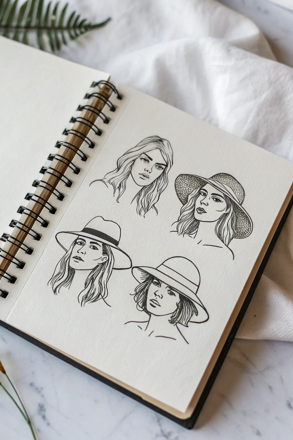 Three hat fit sketches showing tucked hair, loose strands, and flyaways with brim compression
