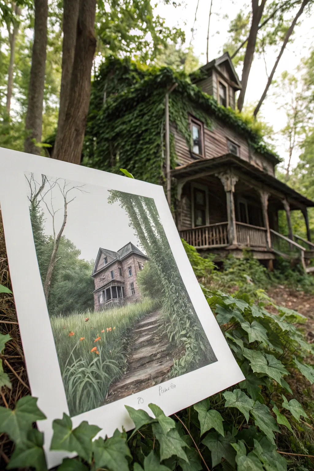 Overgrown haunted house drawing idea with winding vines and chunky mushrooms, moody and minimalist
