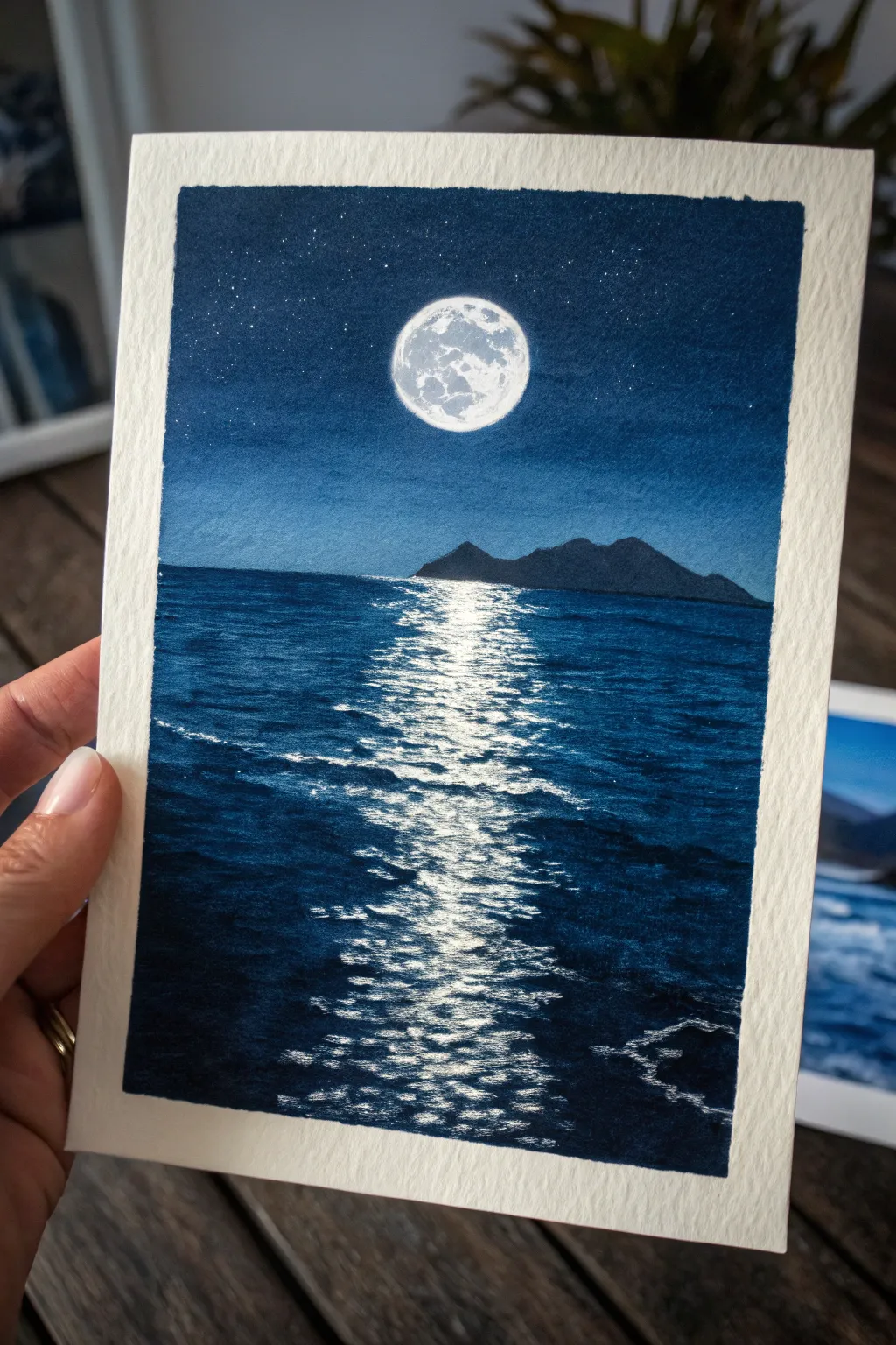 Moonlit Hawaiian ocean painting with a glowing silver path, minimalist, serene, and high contrast