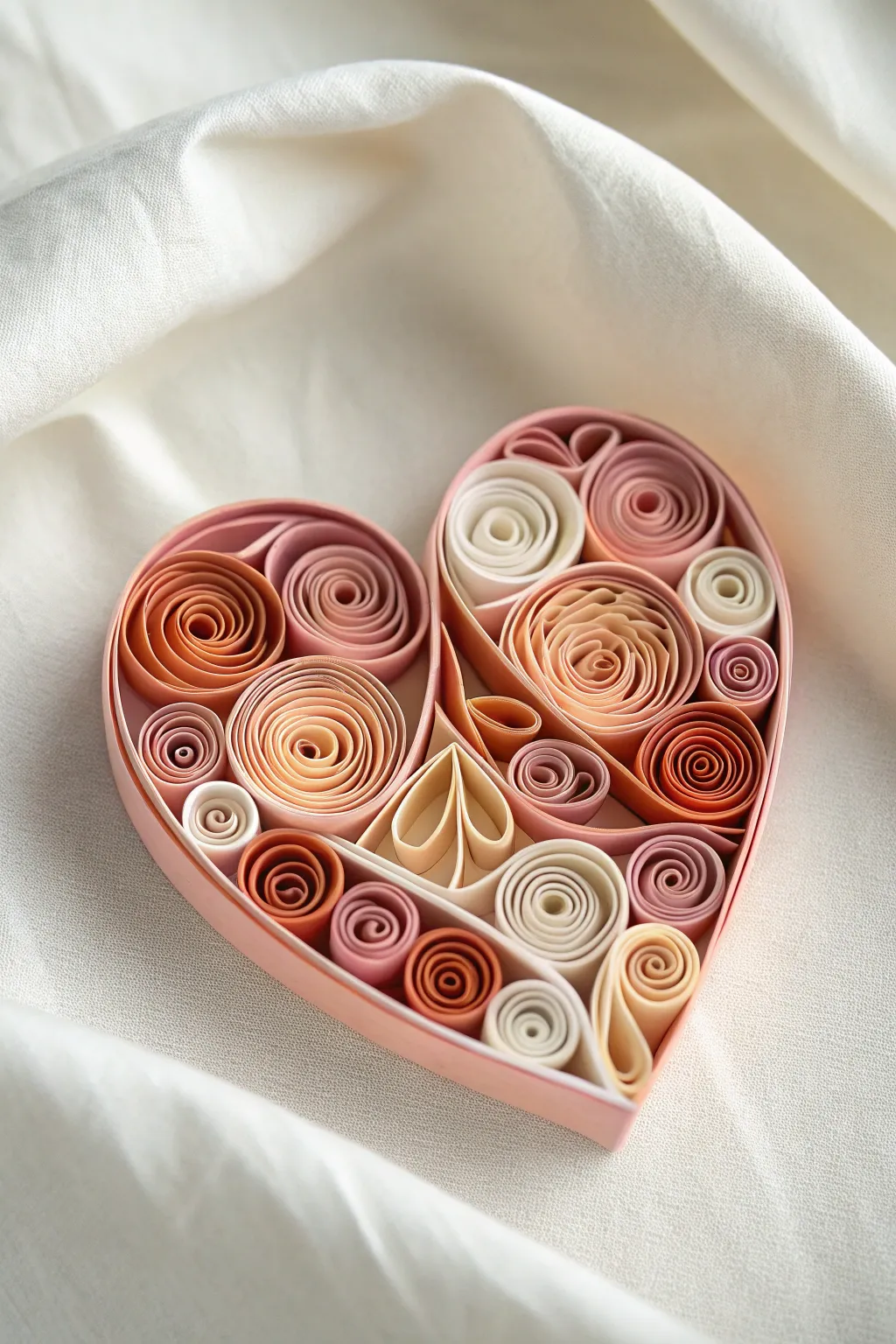 Quilled paper heart swirls in soft blush and terracotta, crisp shadows on warm white linen.