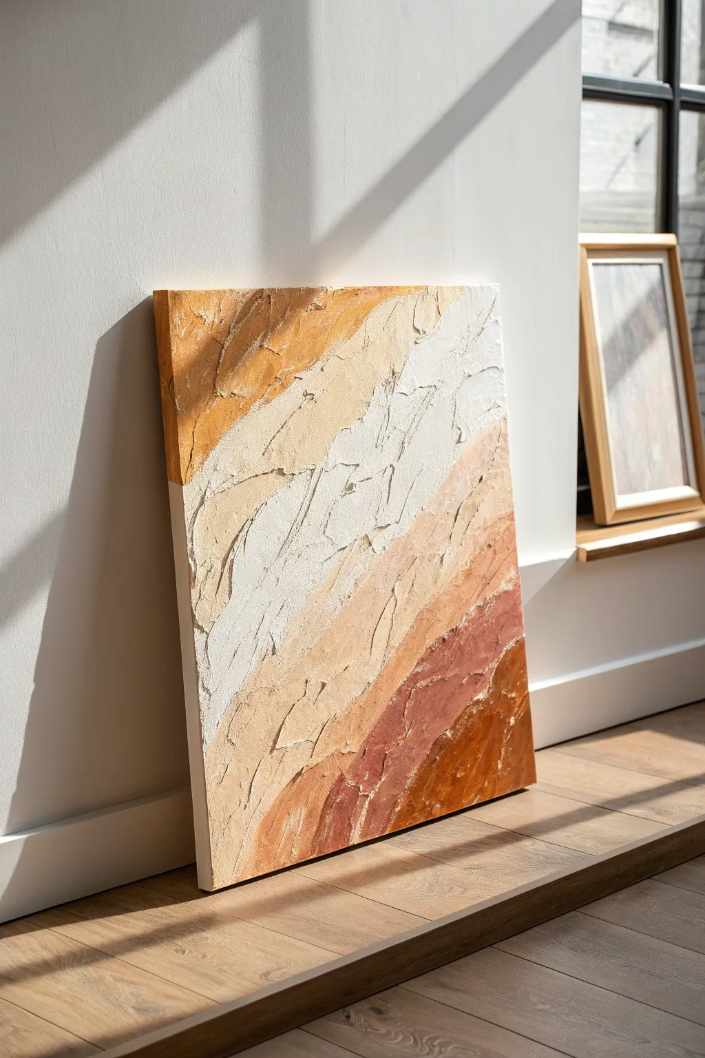 Impasto ridges in side light create real depth for clean Scandinavian boho wall decor
