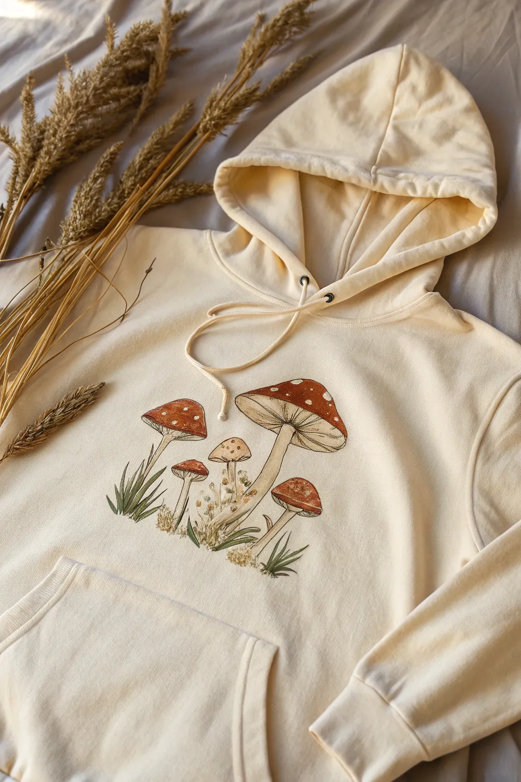 Cozy mushroom cluster hoodie detail in warm light, minimalist boho craft inspiration