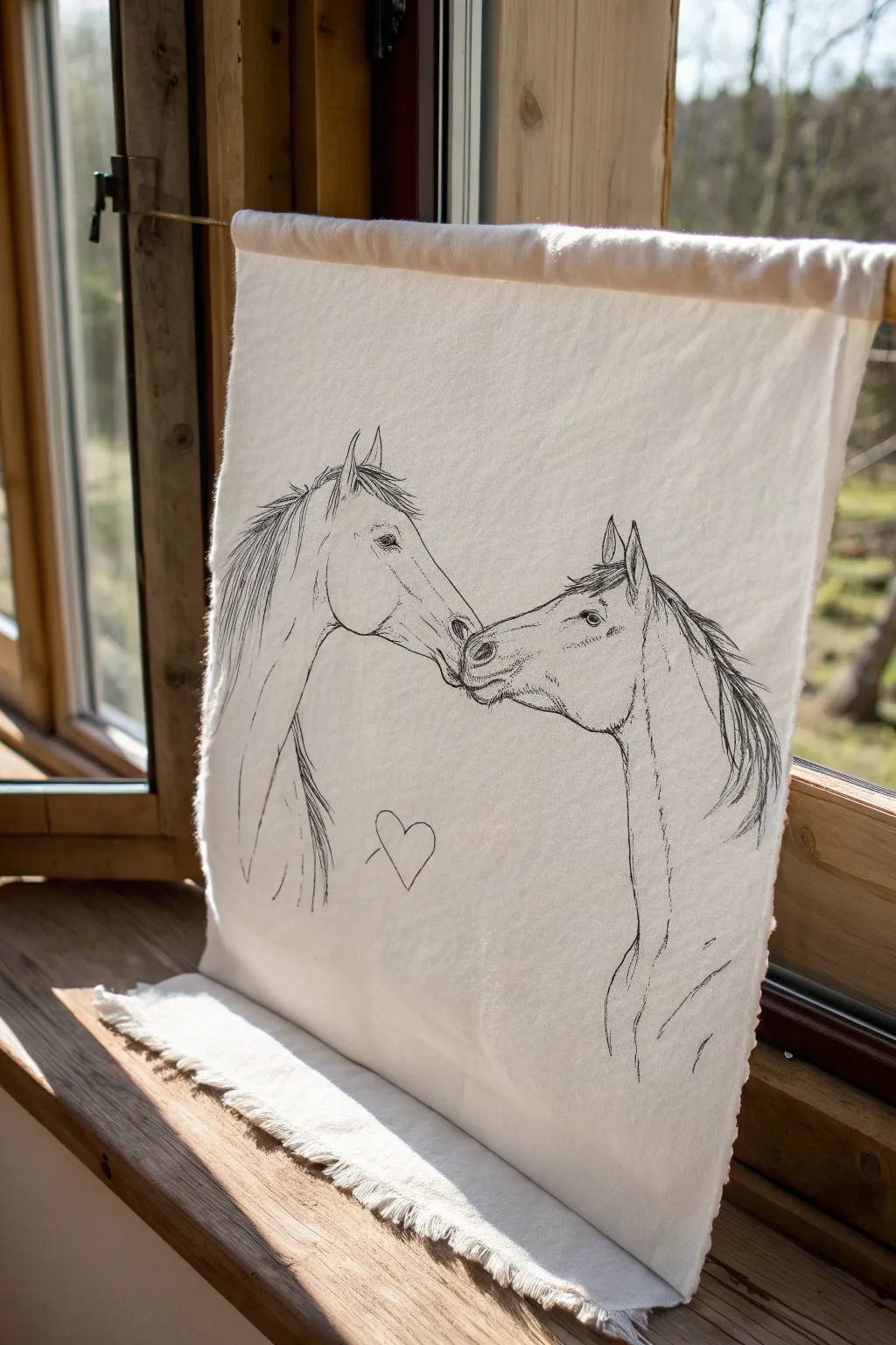 Two horses touch nose-to-nose in a clean minimalist sketch with soft boho warmth and contrast.