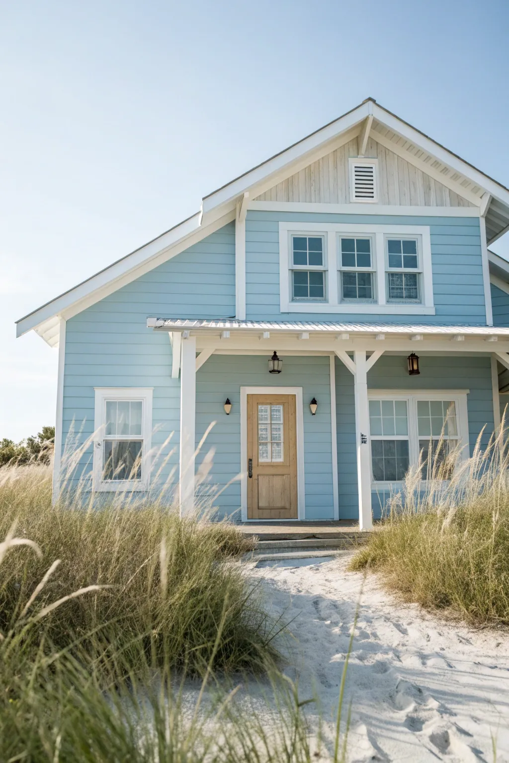 Coastal calm in misty blue with sand accents and crisp white trim, sunlit and airy.