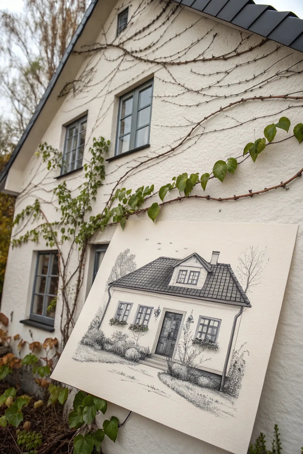 Minimalist house facade wrapped in climbing vines, crisp ink lines and soft sage leaf texture
