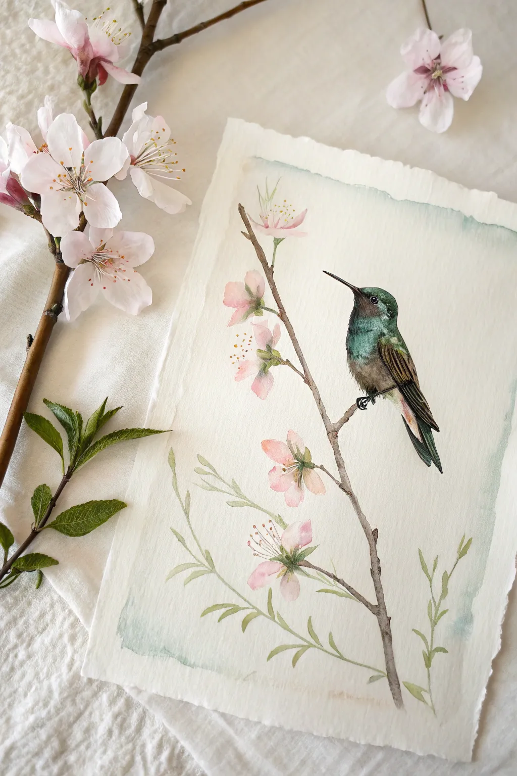 Cherry blossom hush: a minimalist hummingbird perched in watercolor calm with drifting petals