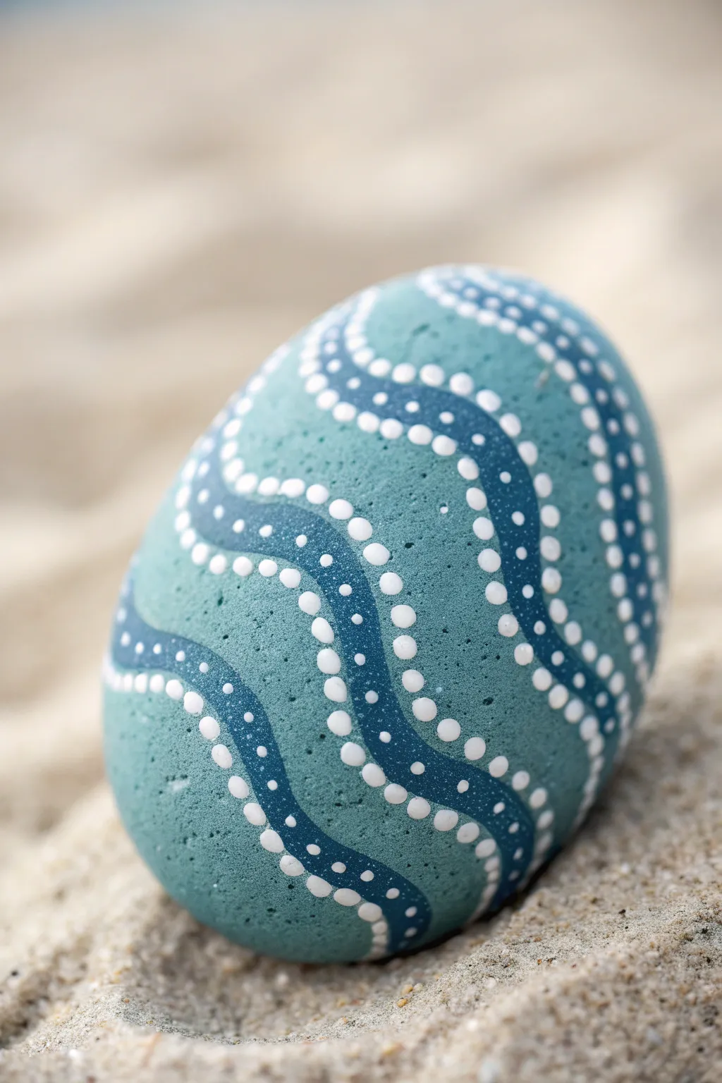 Minimal ocean wave rock with raised white and pale blue dot foam, crisp and calming close-up.