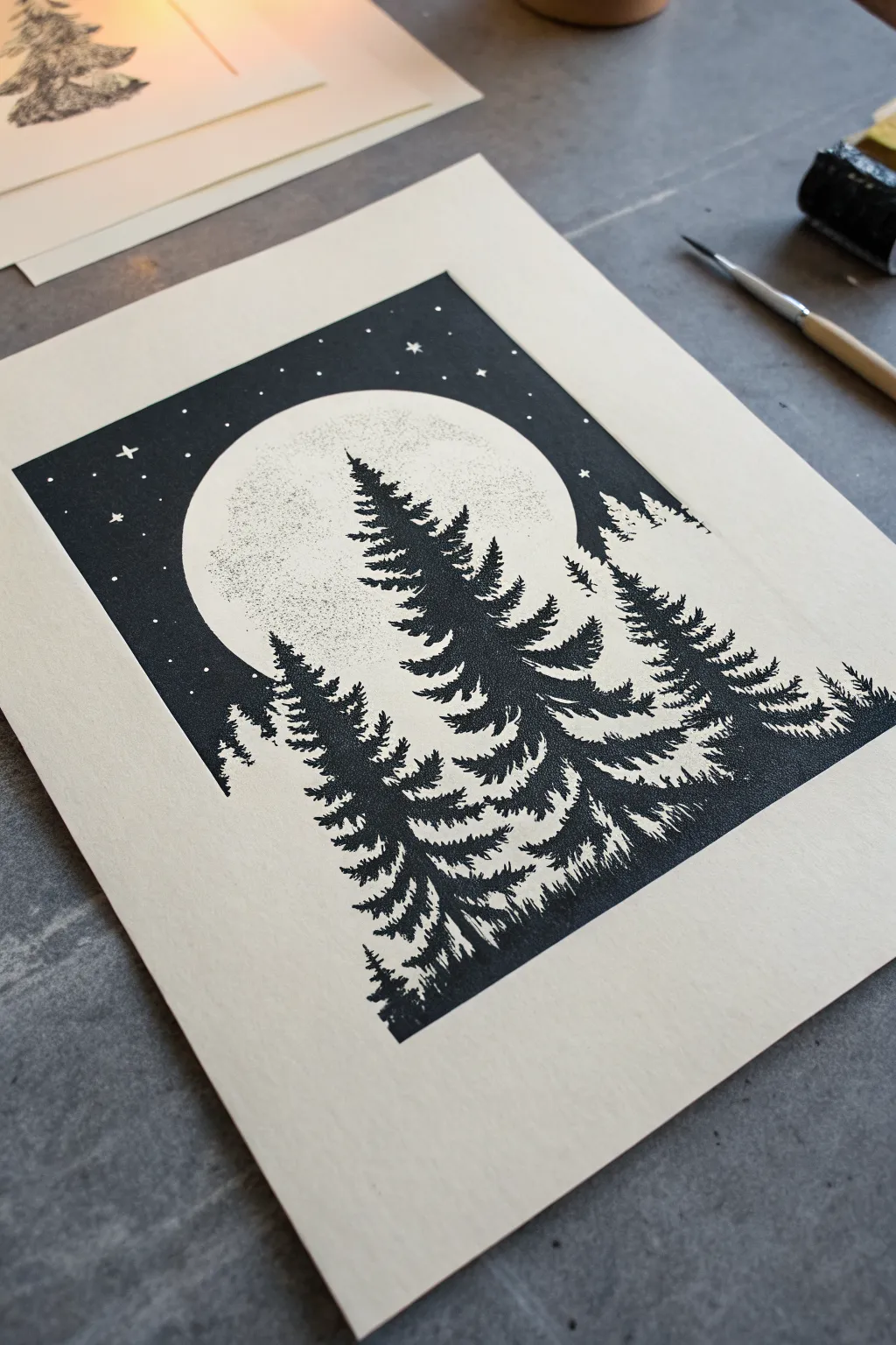 White-on-black linocut of pine silhouettes and a glowing moon, simple and striking contrast