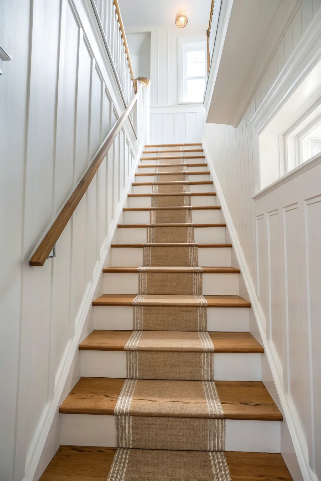 DIY stair update: a painted faux runner with crisp tape lines for instant hallway charm