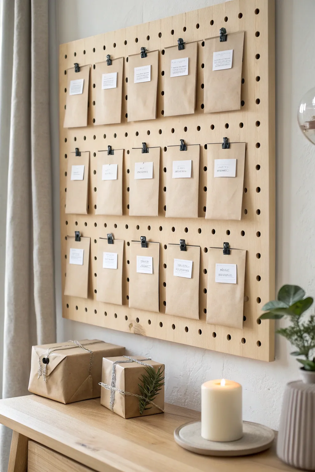 A chic mystery envelope prize wall with clean lines, cozy neutrals, and a hint of playful suspense