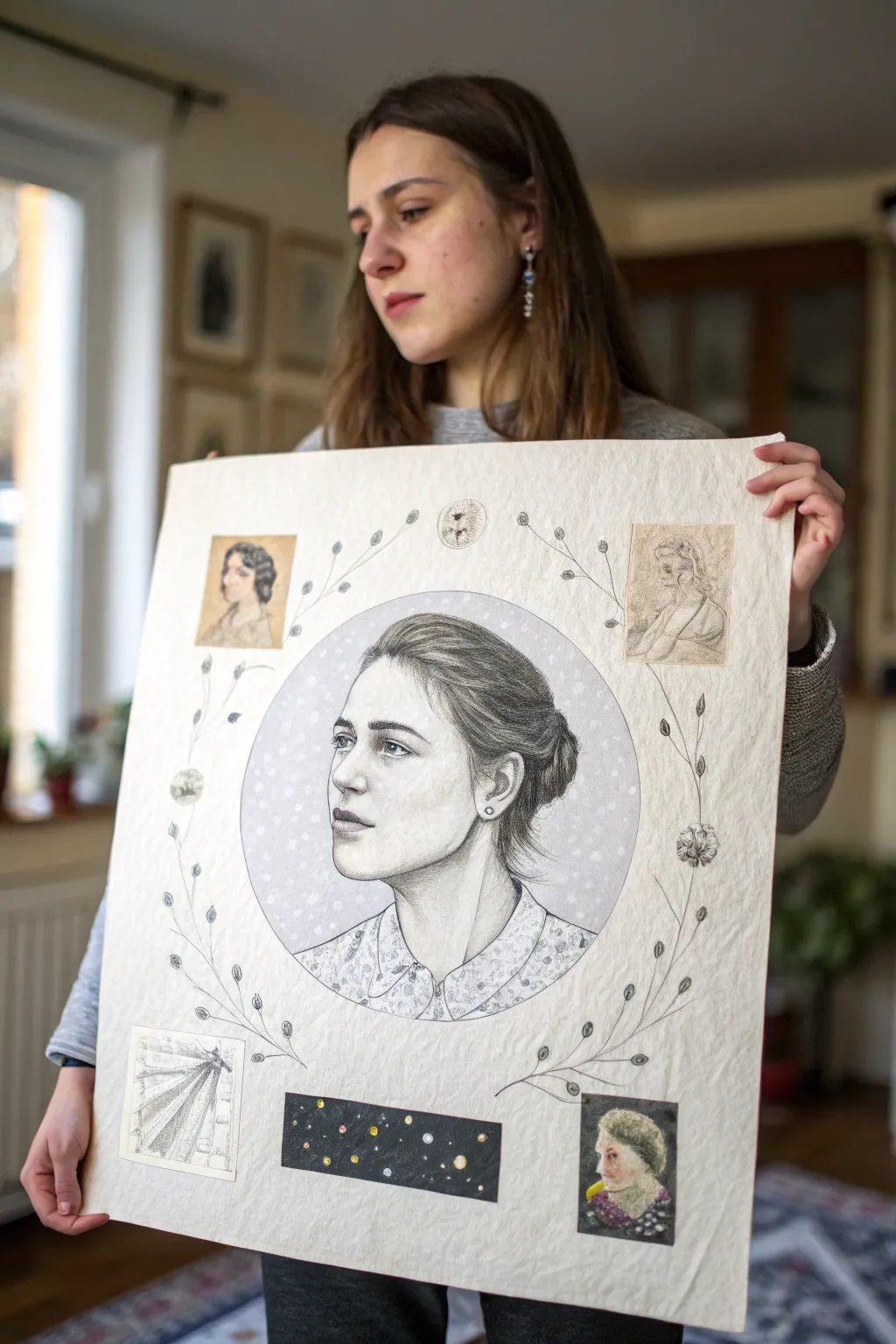 Orbit your story around a calm portrait with minimalist collage pieces in a soft boho palette.