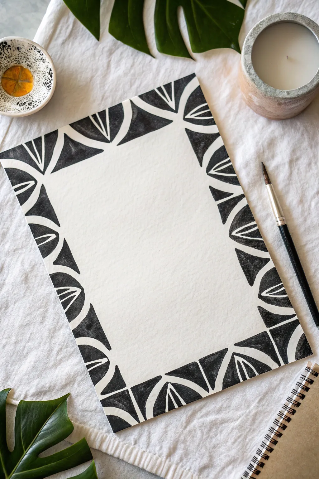 Bold India ink resist shapes with stained glass vibes, crisp whites and graphic black borders