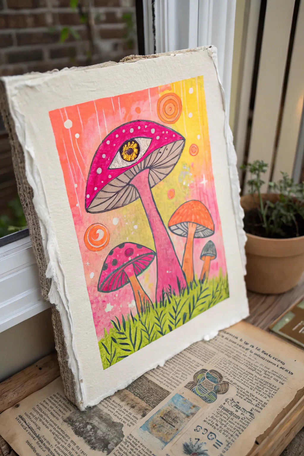 Neon indie motifs over layered paper texture for bold contrast and handmade minimal boho vibes