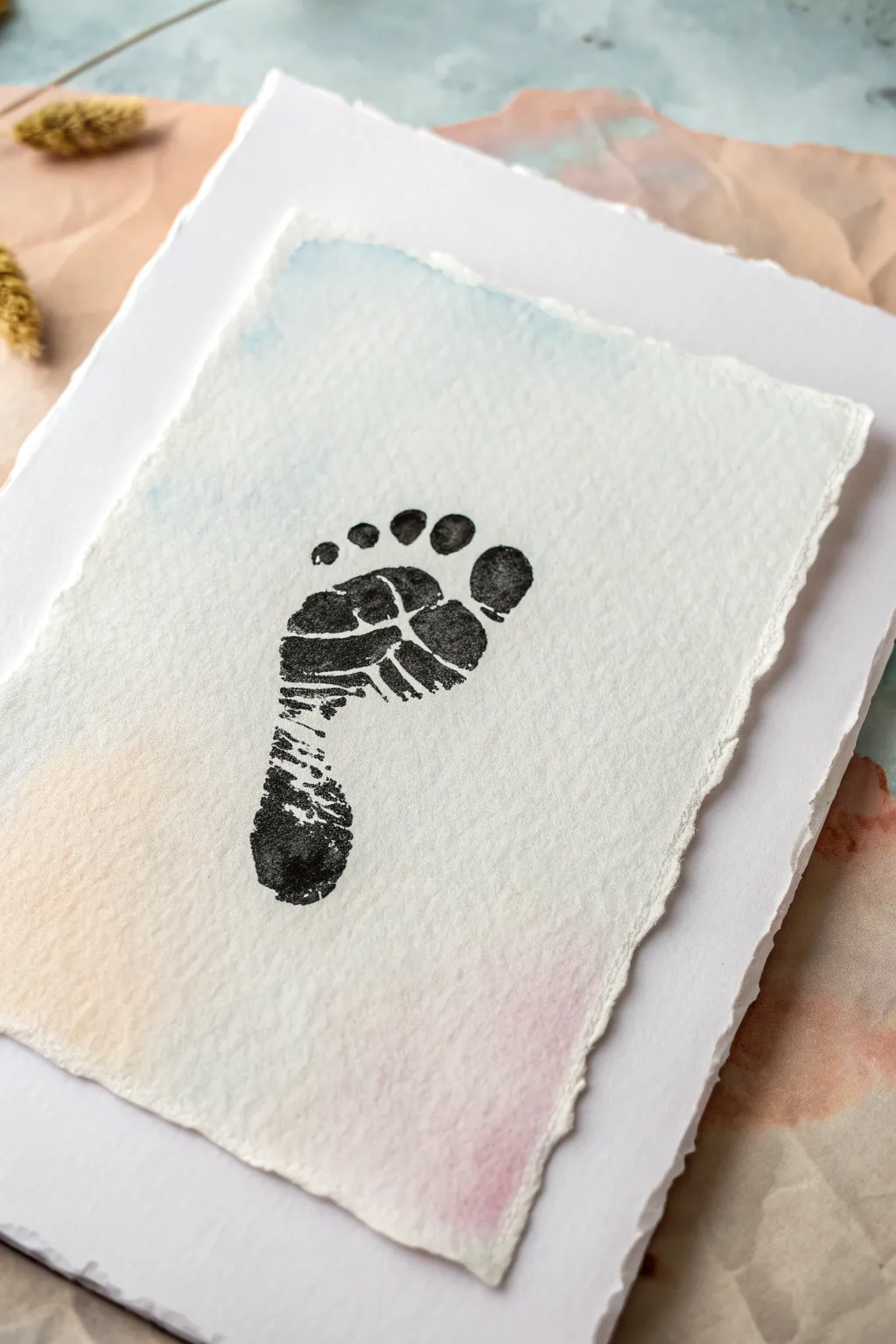 Crisp black infant footprint over a soft watercolor wash for a minimalist, gallery-clean look.