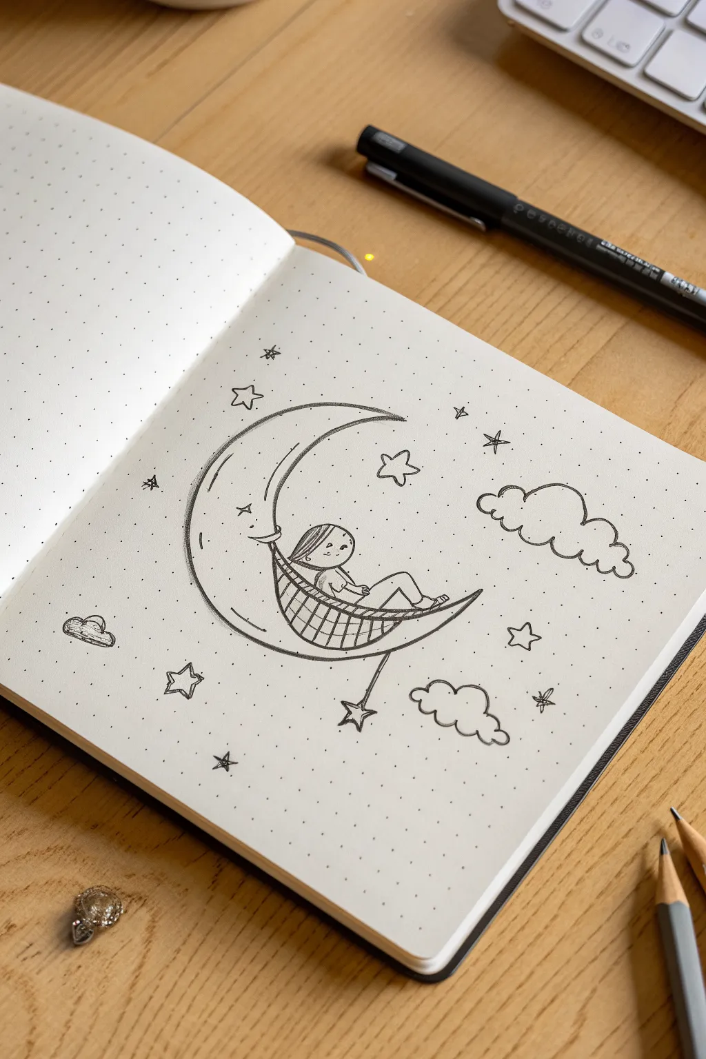 Dreamy minimalist moon hammock sketch: a tiny sleeper, soft clouds, and scattered stars.
