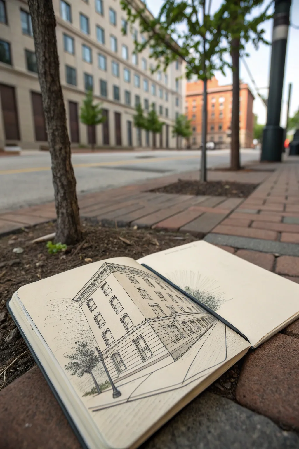 Practice depth with a clean two-point perspective street corner sketch, calm and modern.