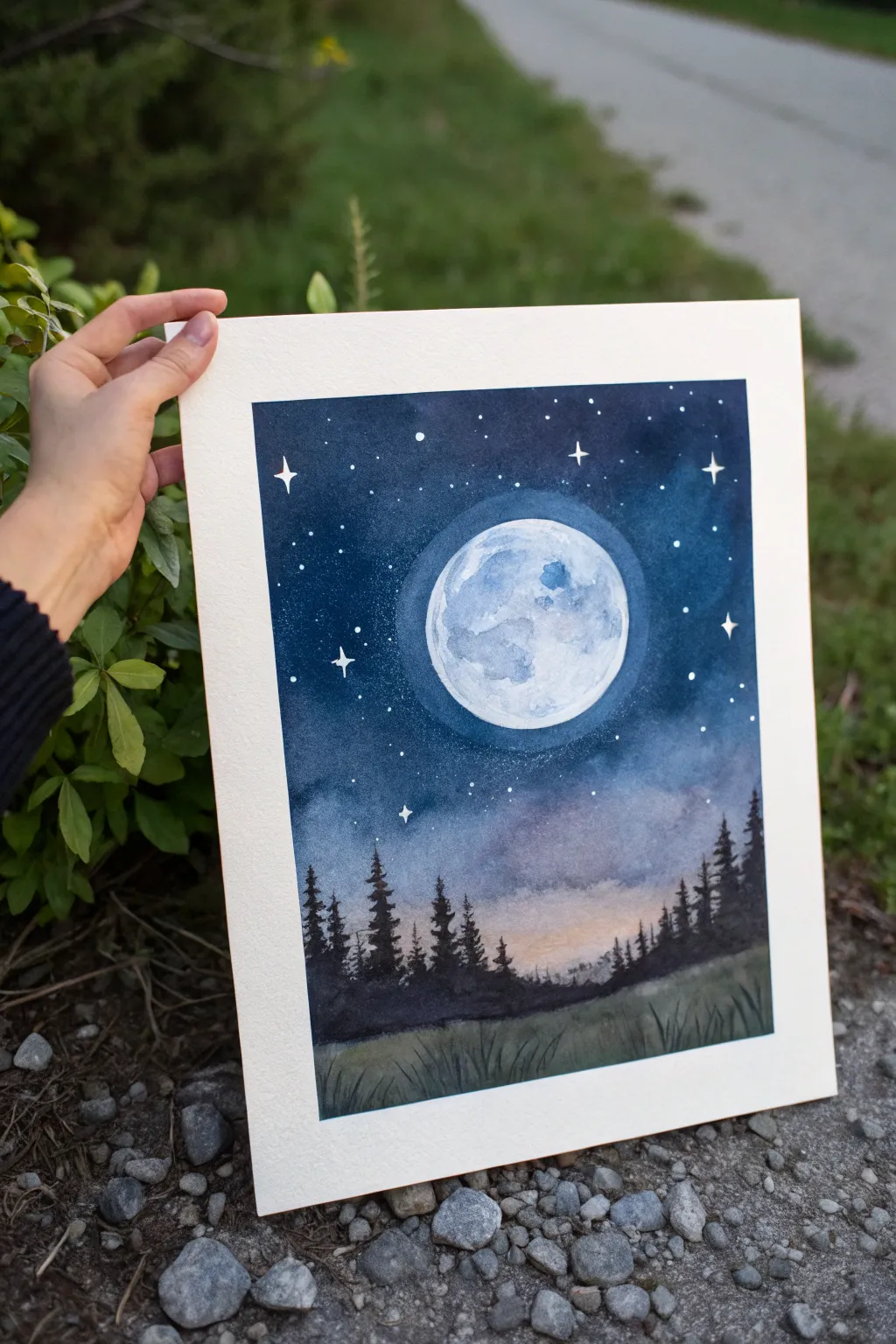 Paint a minimalist night sky with a glowing moon using soft glazing layers and starry contrast.
