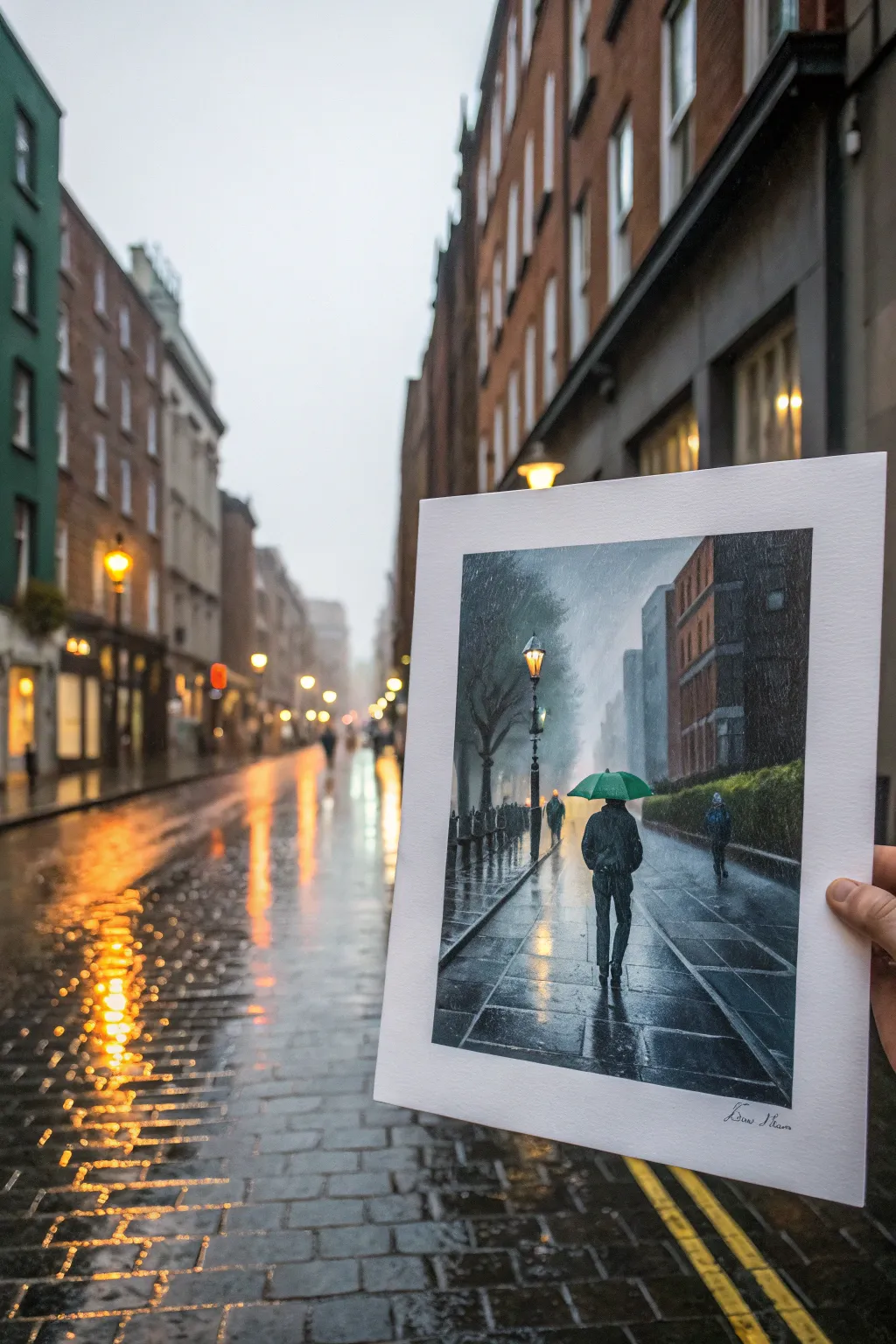 Paint rainy Dublin streets in gouache with moody grays, deep greens, and warm window glow