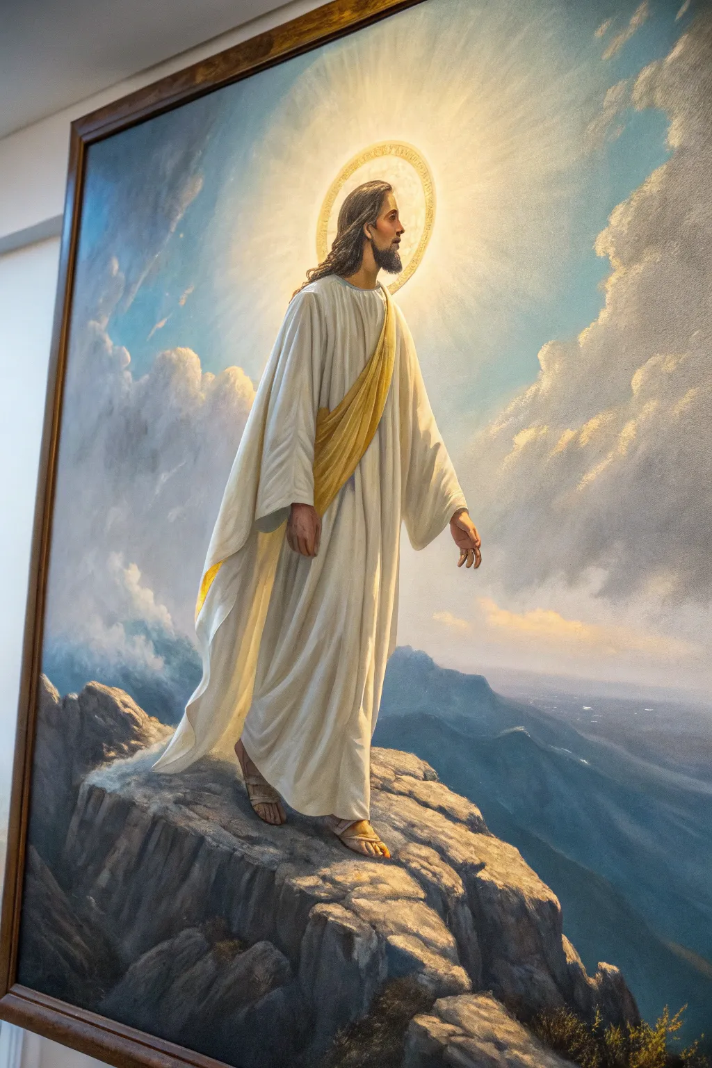 Paint Jesus in radiant whites and gold leaf, set against cool blue clouds for transfiguration glow.