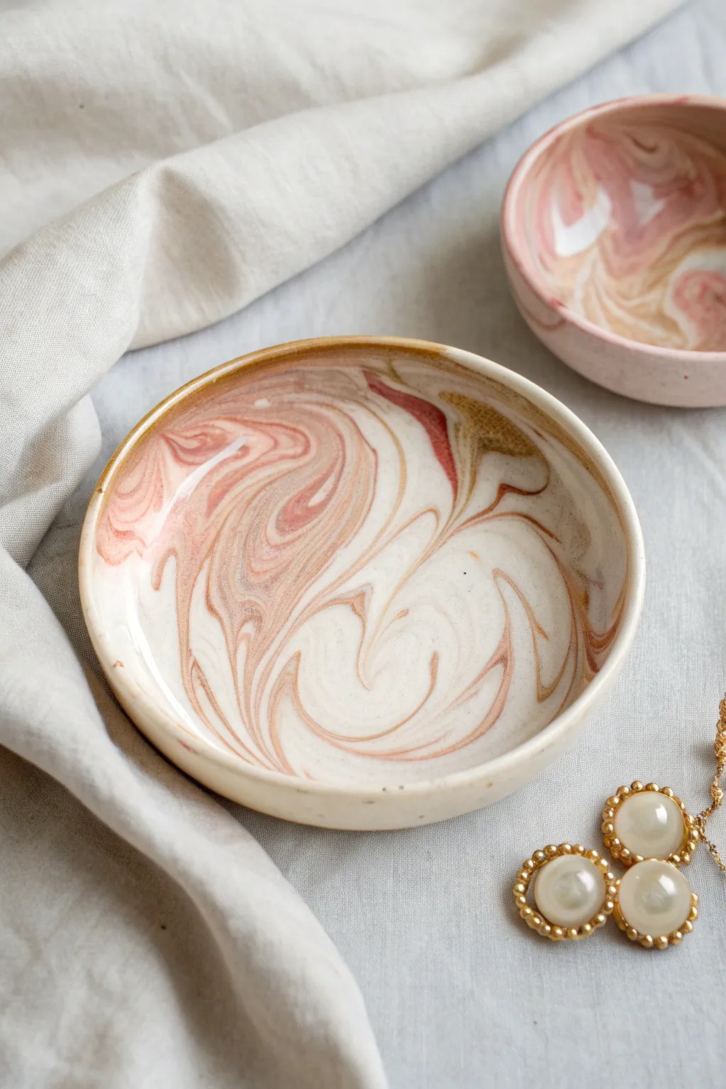 Marbled swirl jewelry dish in soft blush, ivory, and taupe, each unique and handmade.