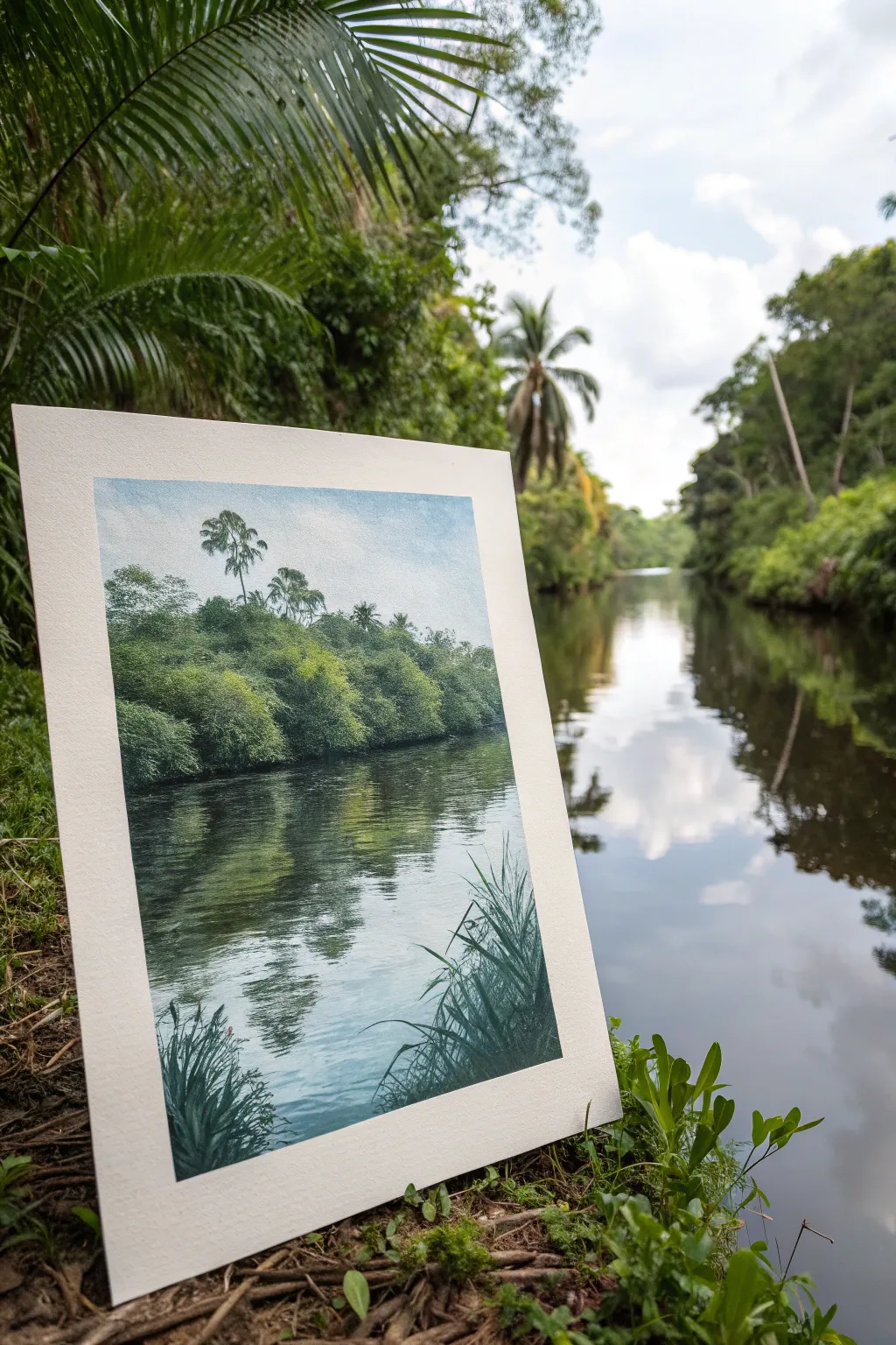 Minimal jungle river watercolor idea with reflections and soft ripples, calm boho Scandinavian styling