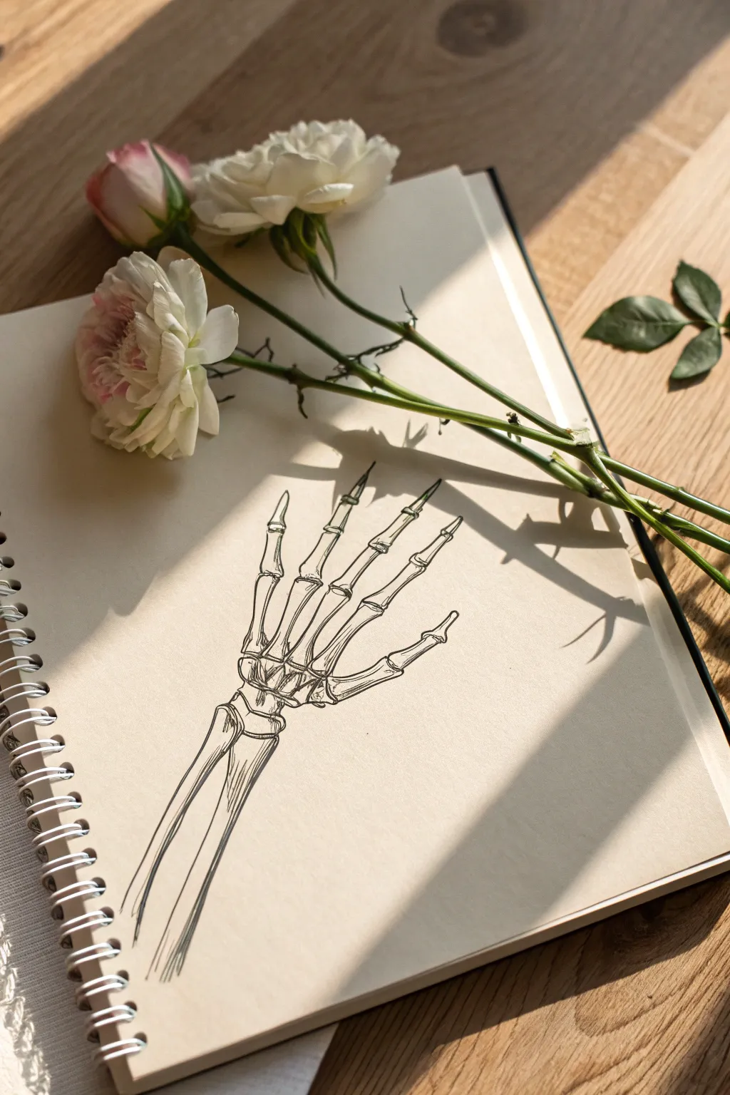 Easy juxtaposition drawing: a skeletal hand holding one fresh bloom, life vs death in one image