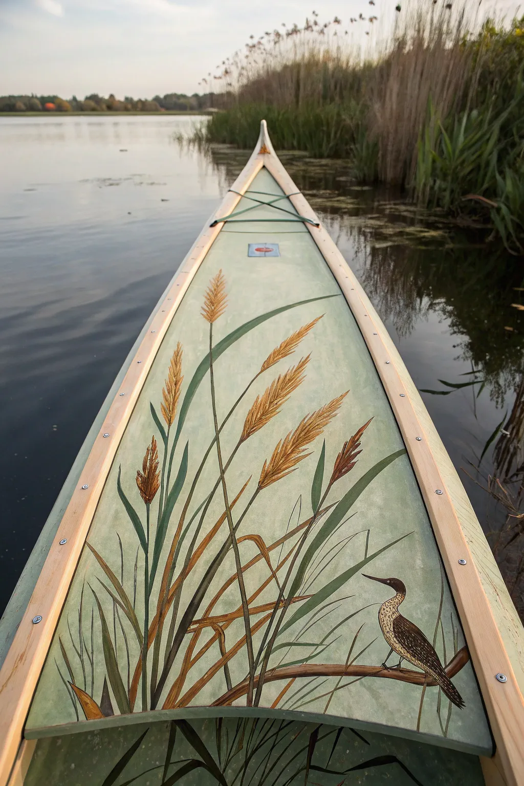 Minimalist kayak mural with reeds, cattails, and bird silhouette in earthy tones for calm nature vibes