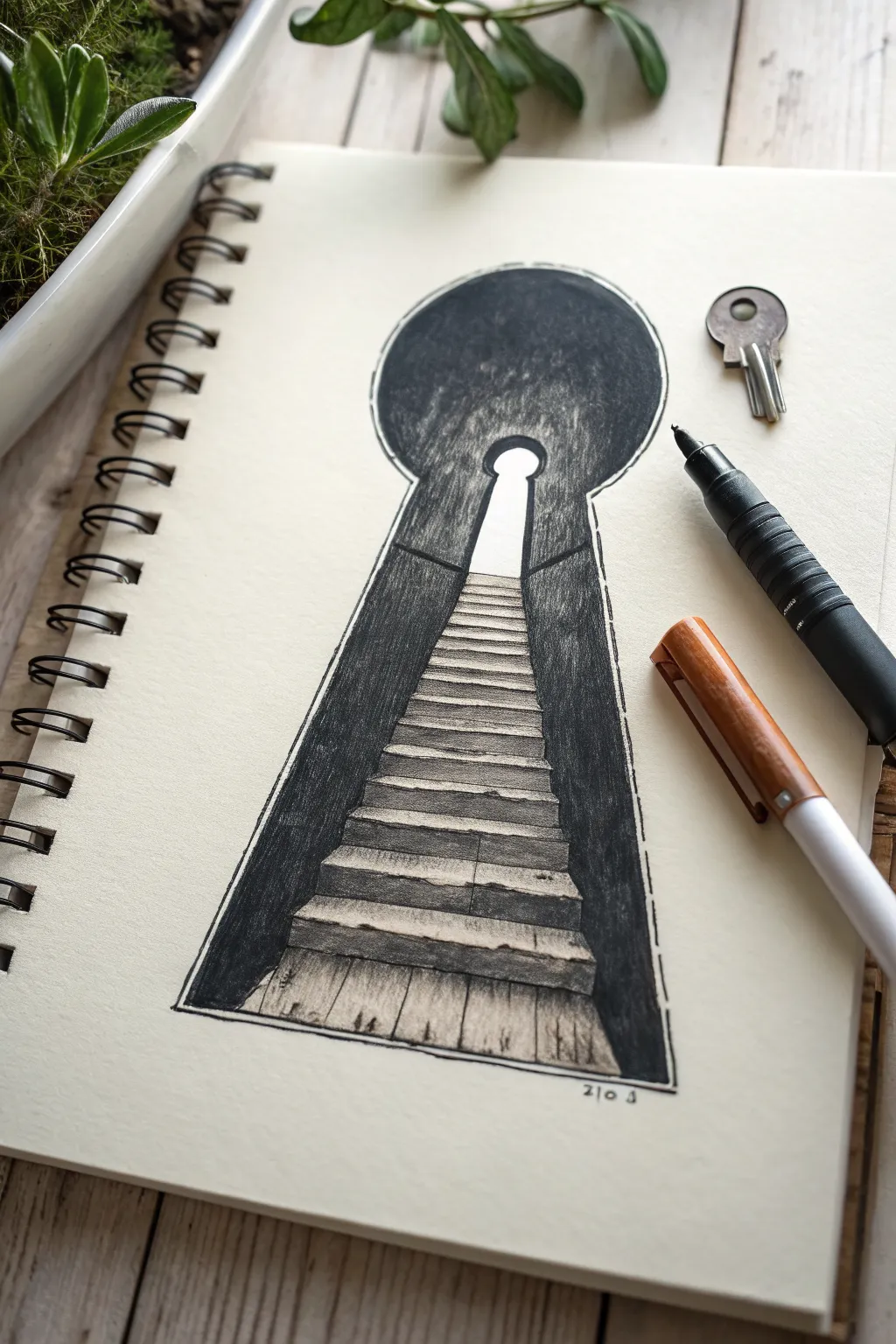 Surreal keyhole staircase drawing idea with bold perspective lines and soft boho minimal details.
