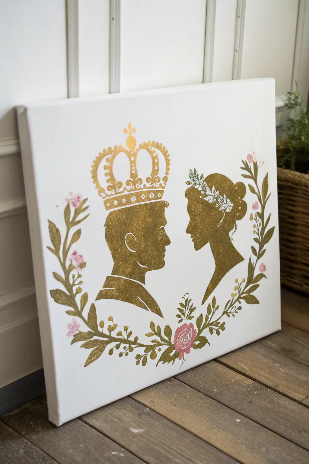 Minimal gold line king and queen crowns on one canvas, floral queen and laurel king in soft washes