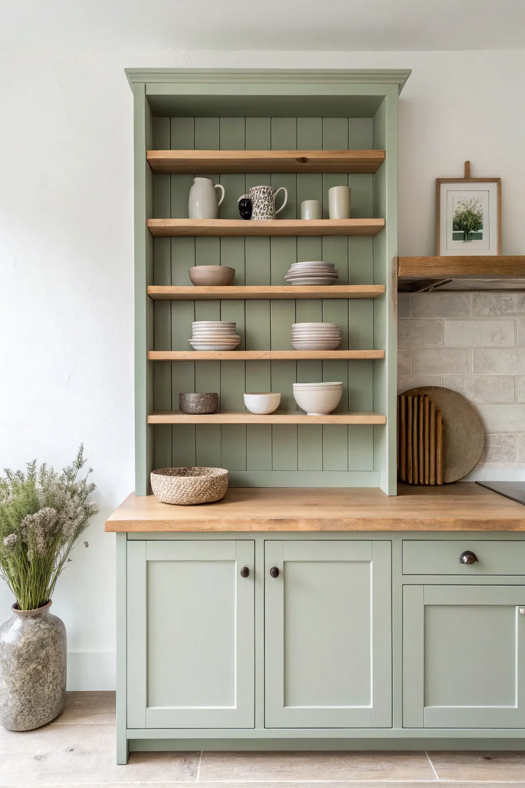 Painted open shelves in soft sage echoing mugs and bowls for a cohesive, airy kitchen palette.