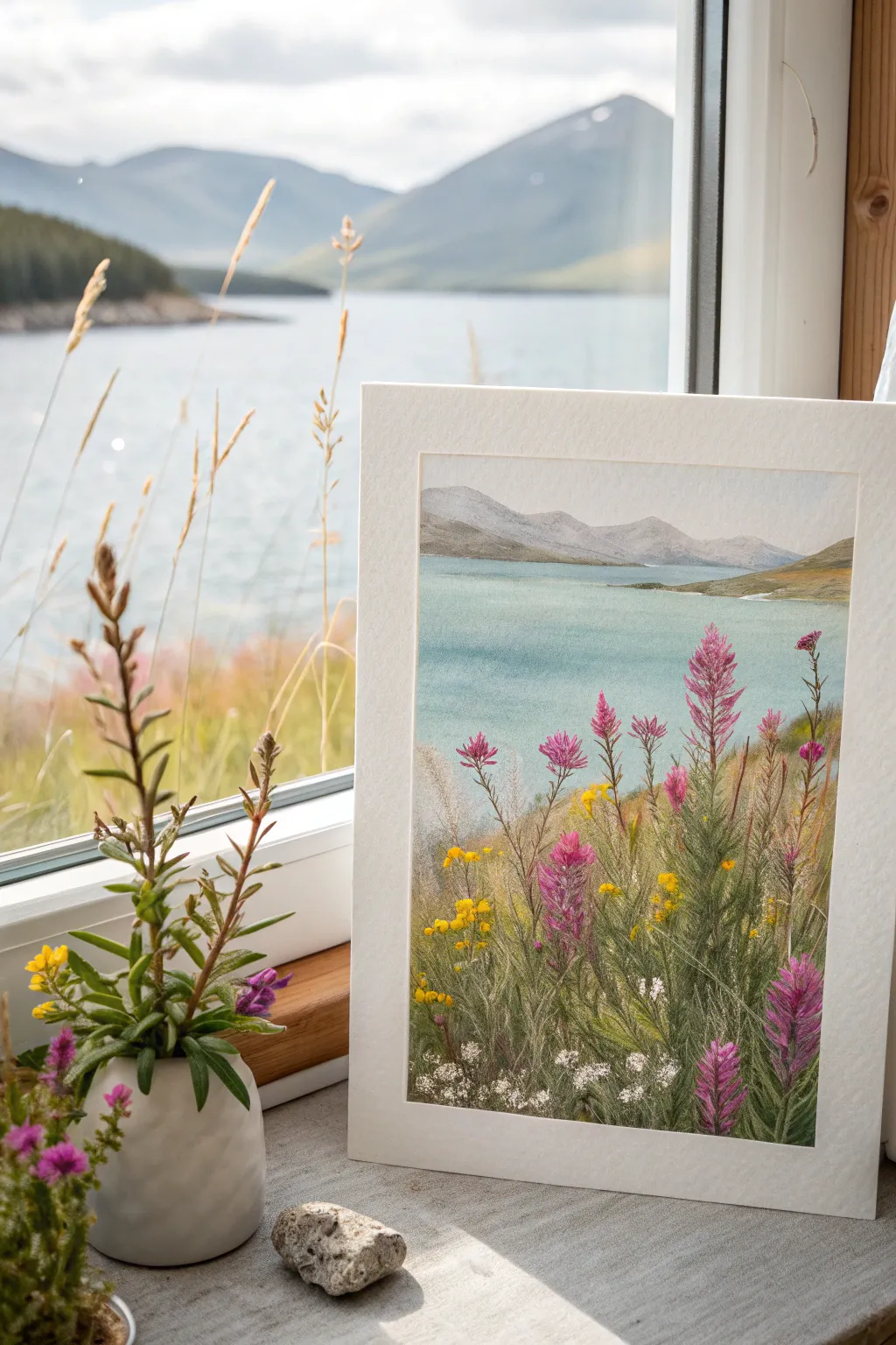 Vivid wildflower foreground pops against calm lake tones, minimalist watercolor inspiration.