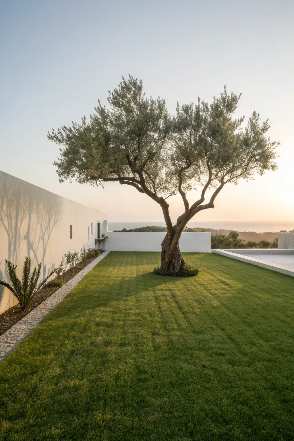 Minimal lawn, one bold tree silhouette, serene Scandinavian garden mood for landscape art ideas.