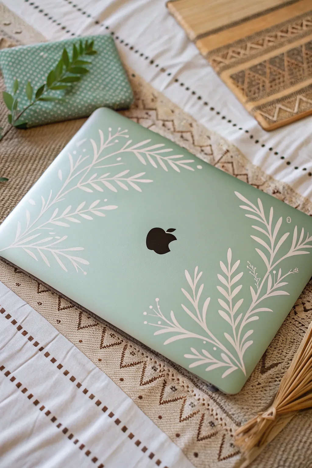 Paint around the logo: a clean negative-space laptop lid design with minimalist boho patterning