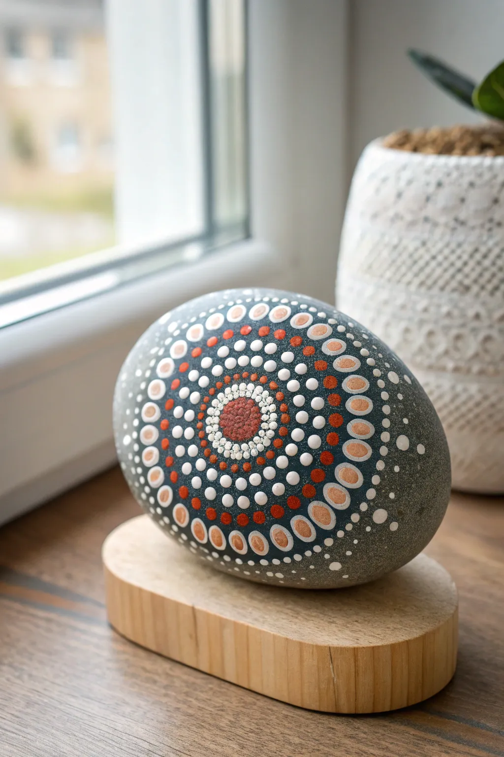 Large rock mandala dot art with crisp concentric rings and bold contrast, minimalist boho style