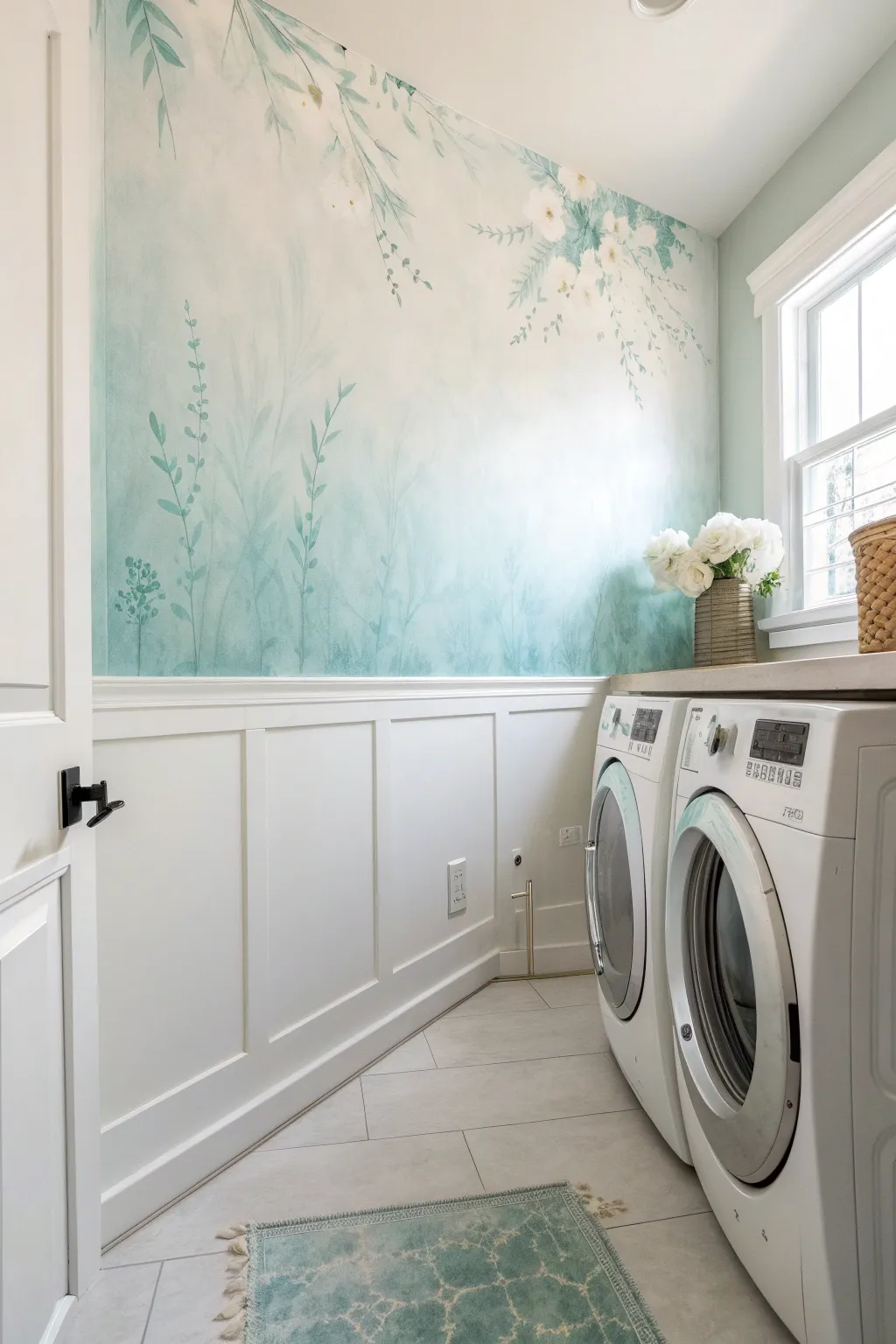 Soft watercolor ombre from bright white to pale blue-green for an airy, fresh laundry room