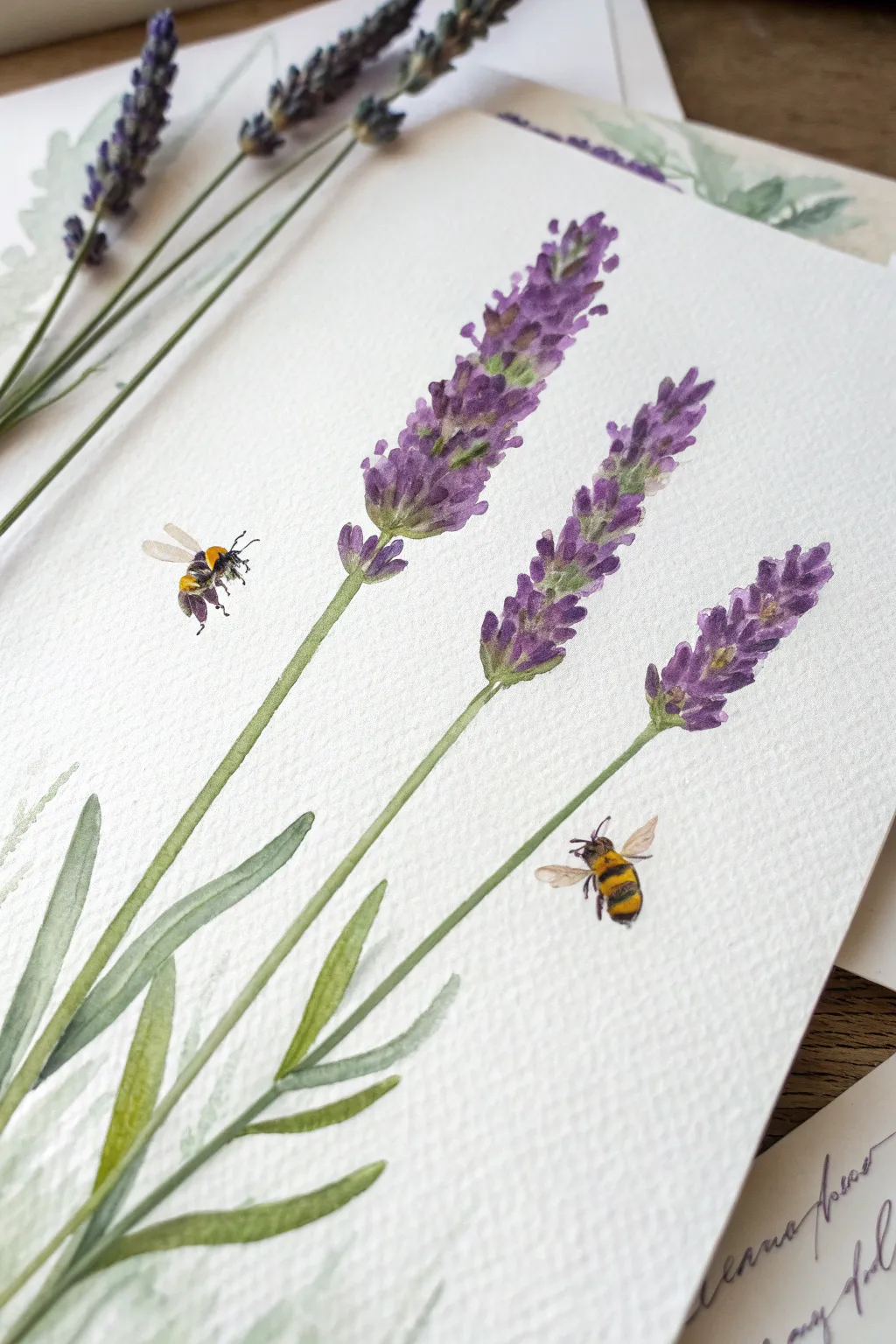 Loose lavender stems with tiny bees, minimalist botanical vibe for easy watercolor practice.
