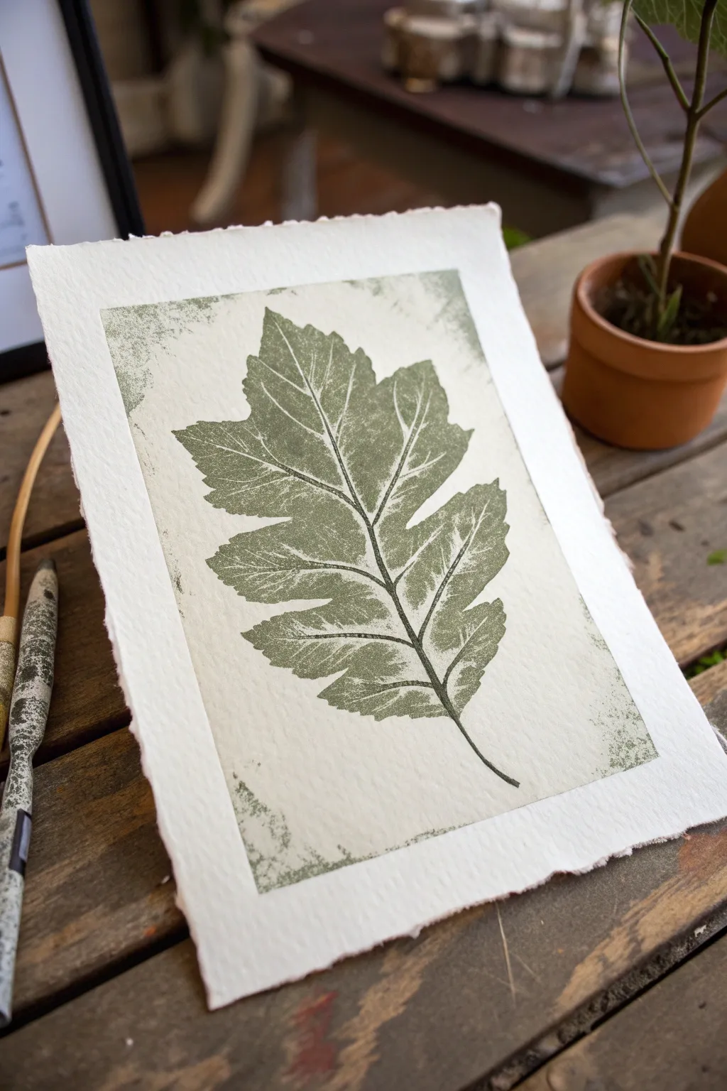 Ink resist leaf print with bold black linework, bright resist highlights, and soft green texture.