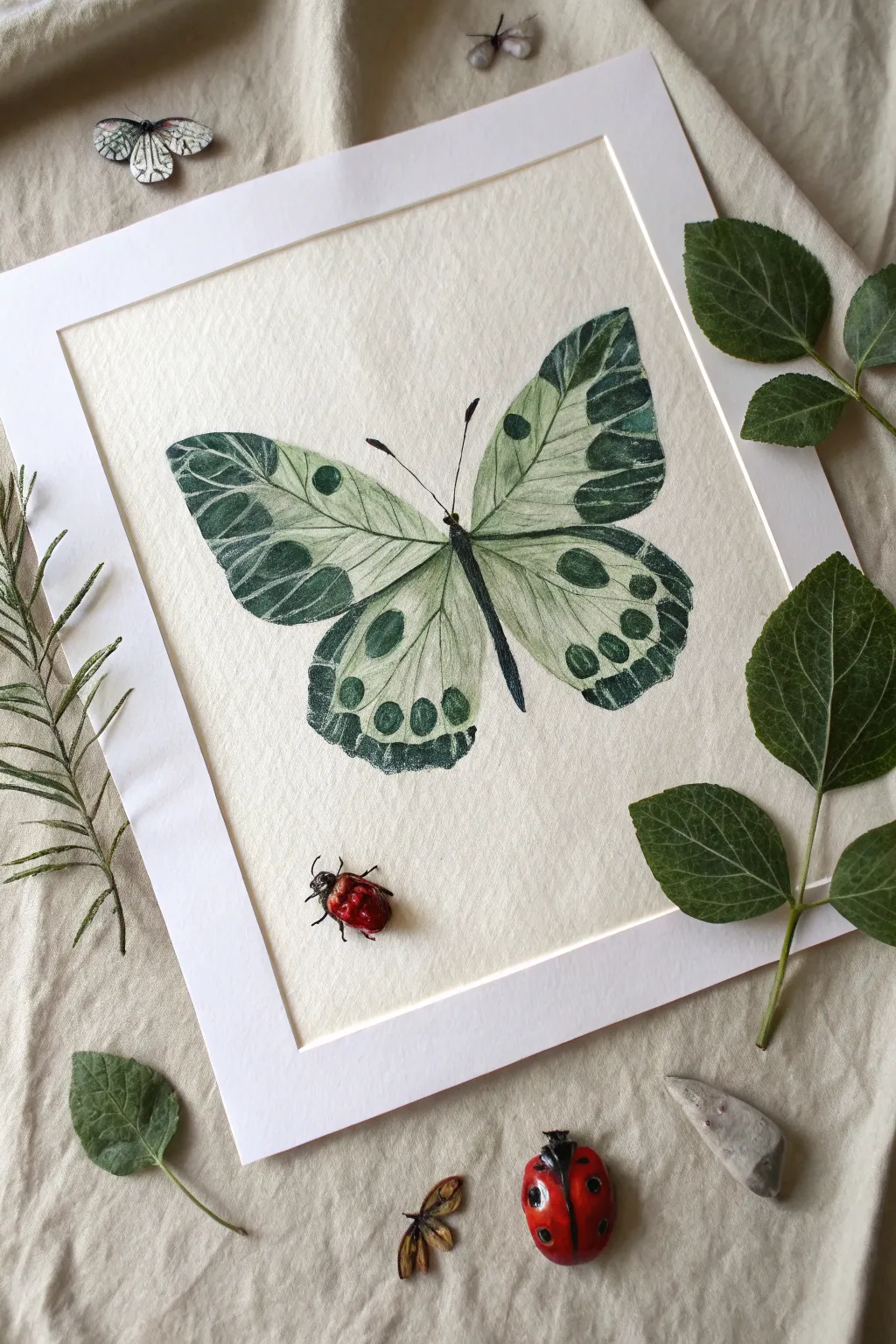 Leaf print butterfly on paper with tiny fish and ladybug accents in a calm minimal boho style